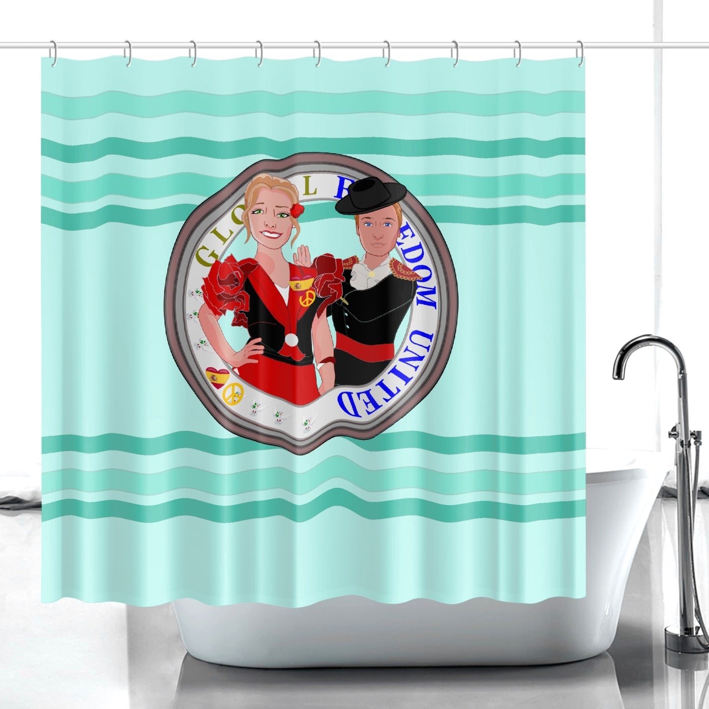 GLOBAL FREEDOM UNITED© Couple Spain Light GreenQuick-drying Shower Curtain