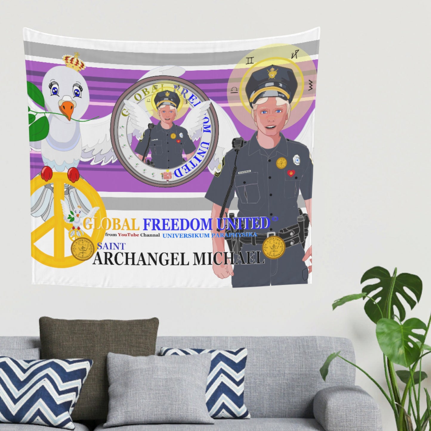 Tapestry GLOBAL FREEDOM UNITED© Archangel Michael As Policemen Lilac