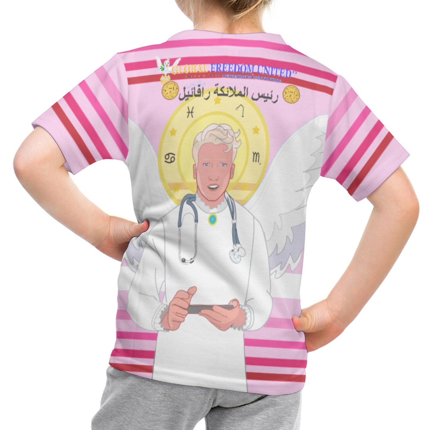 Kid´s T-shirt GLOBAL FREEDOM UNITED© Archangel Rafael Arabic Pink1