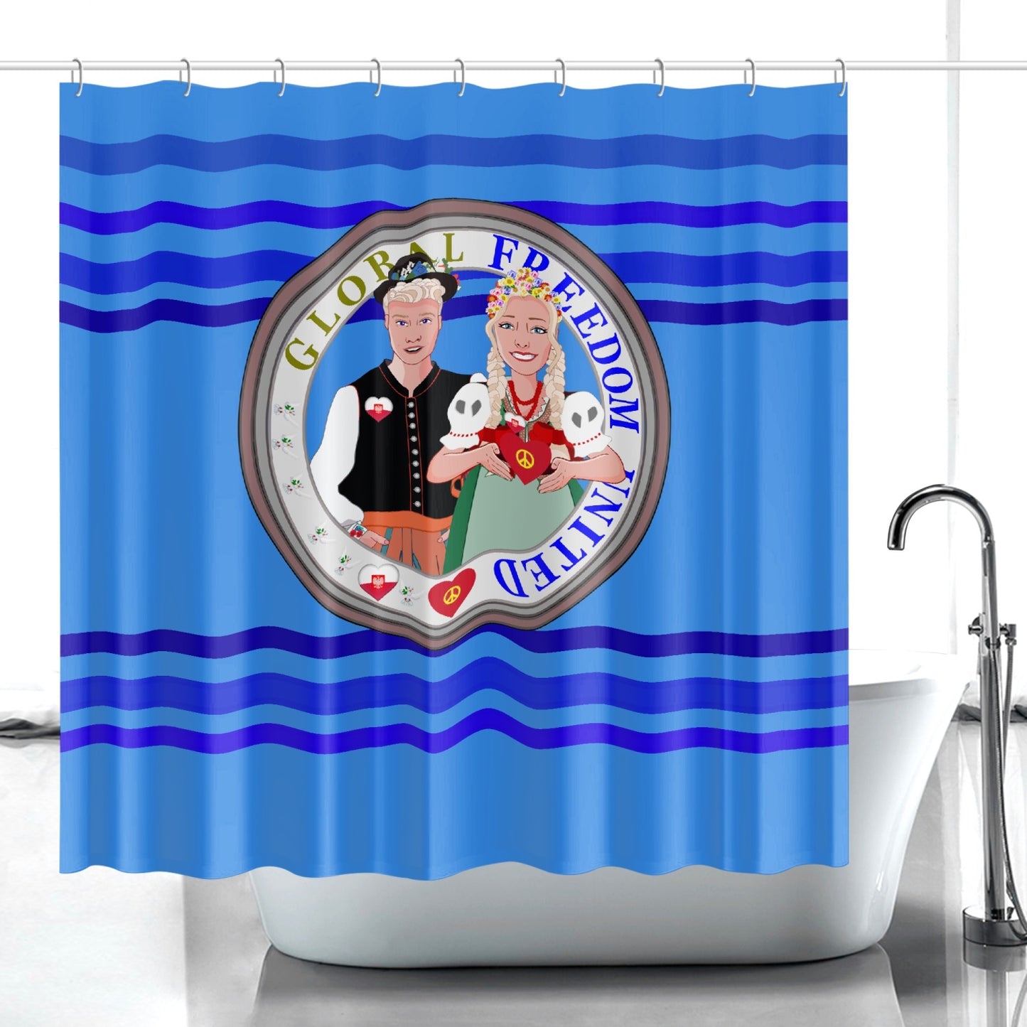 GLOBAL FREEDOM UNITED© Couple Poland Deep Blue - Quick-drying Shower Curtain