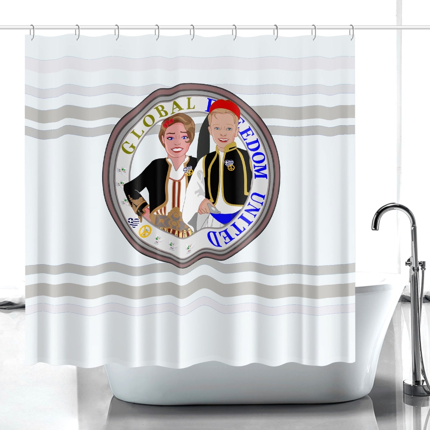 GLOBAL FREEDOM UNITED© Couple Greece wight Quick-drying Shower Curtain