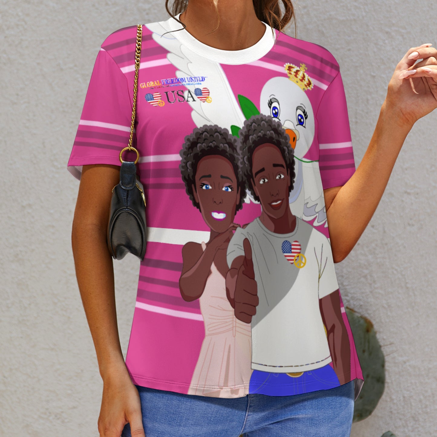 Women´s T-shirt 2 GLOBAL FREEDOM UNITED© Couple USA Afro American Pink