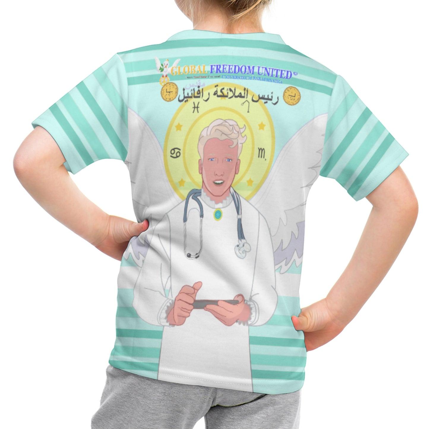 Kid´s T-shirt GLOBAL FREEDOM UNITED© Archangel Rafael Arabic Light Green