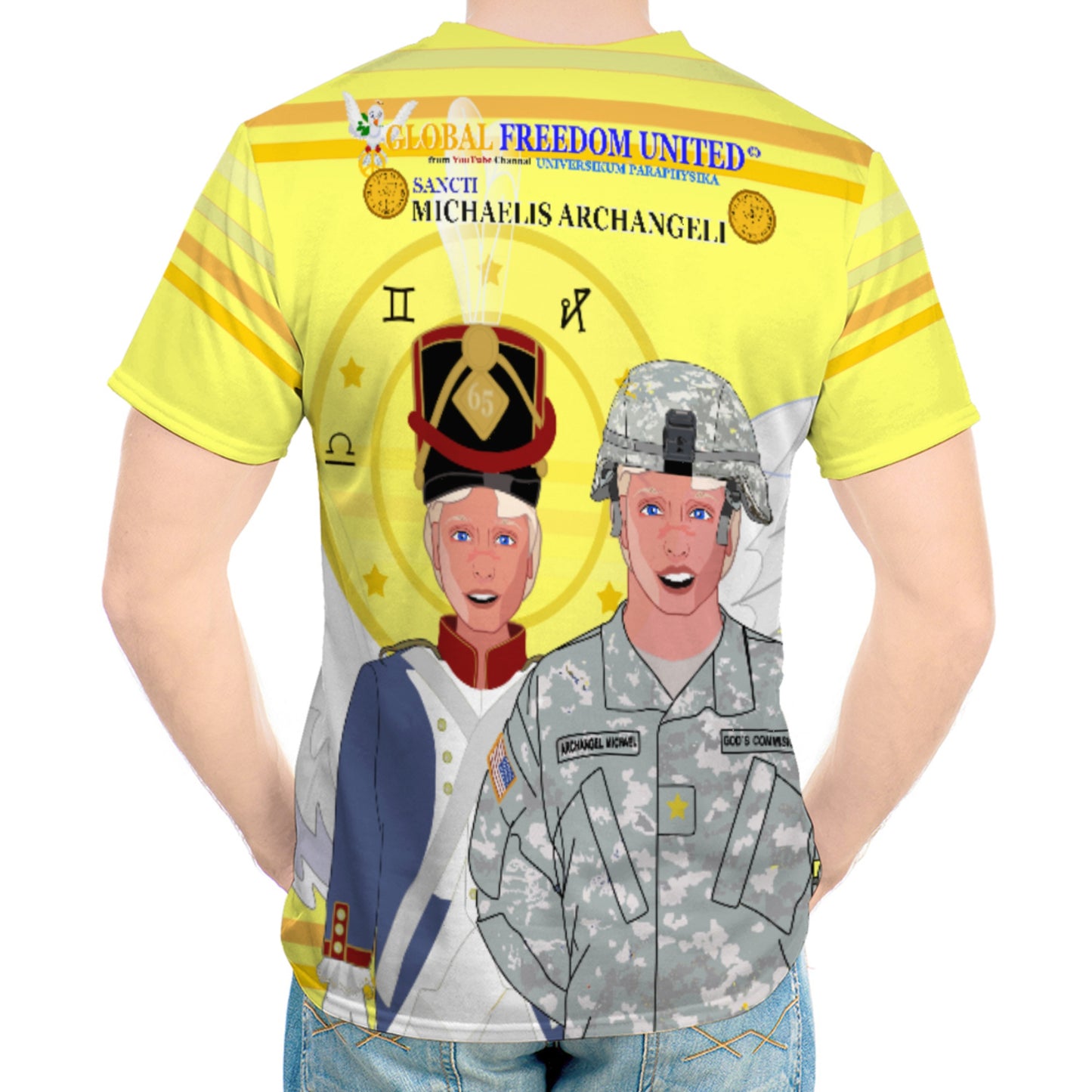 Men´s T-shirt GLOBAL FREEDOM UNITED© Archangel Michael In Latin V3 Yellow
