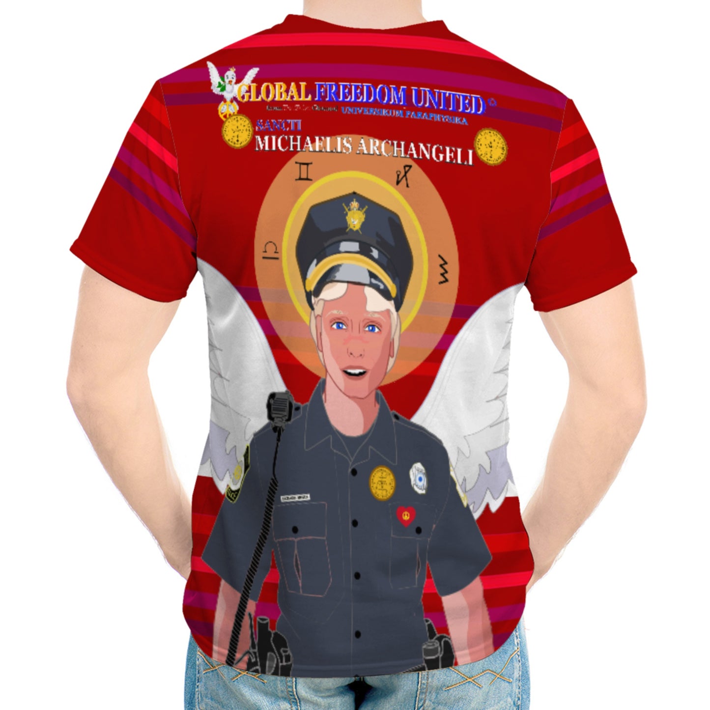 Men´s T-shirt GLOBAL FREEDOM UNITED© Archangel Michael In Latin V4 Red