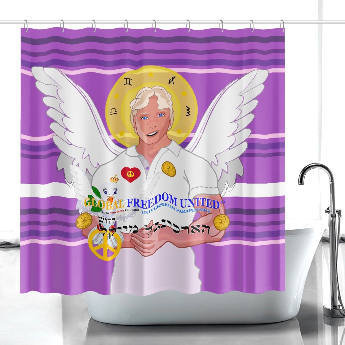 Quick-drying Shower Curtain GLOBAL FREEDOM UNITED ARCGANGEL MICHAEL HEBREW LILAC