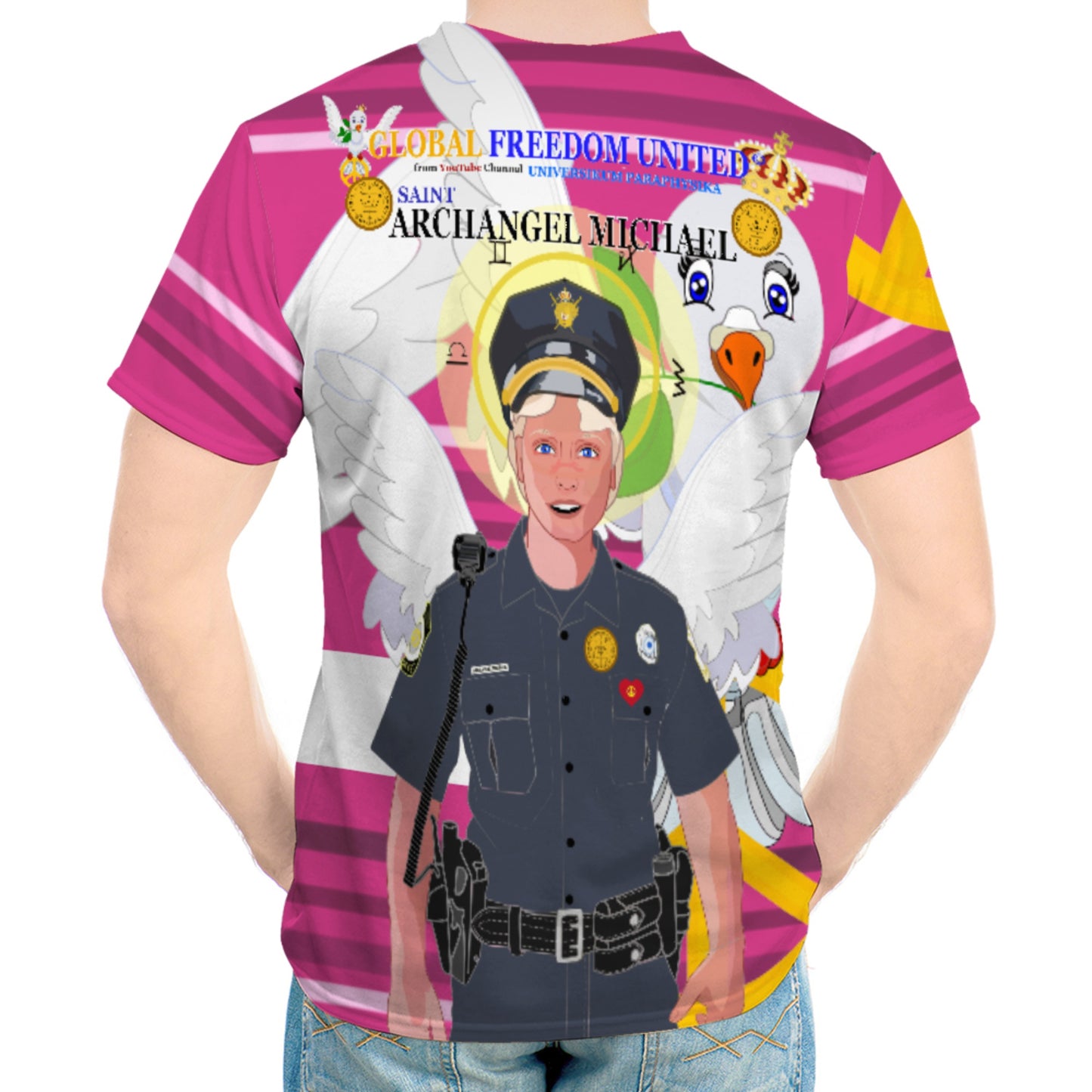 Men´s T-shirt GLOBAL FREEDOM UNITED© Archangel Michael As Policemen Pink2