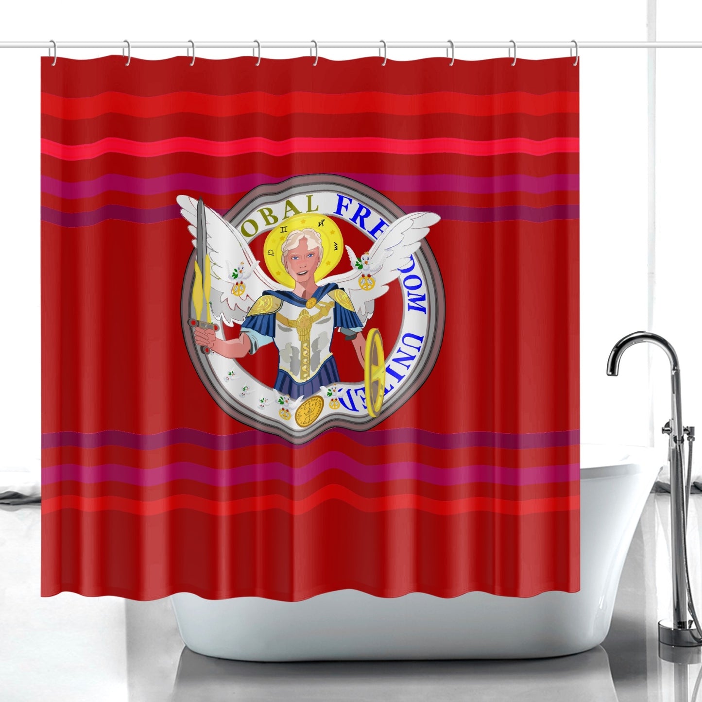 Quick-drying Shower Curtain GLOBAL FREEDOM UNITED© Archangel Michael Version 1 Red