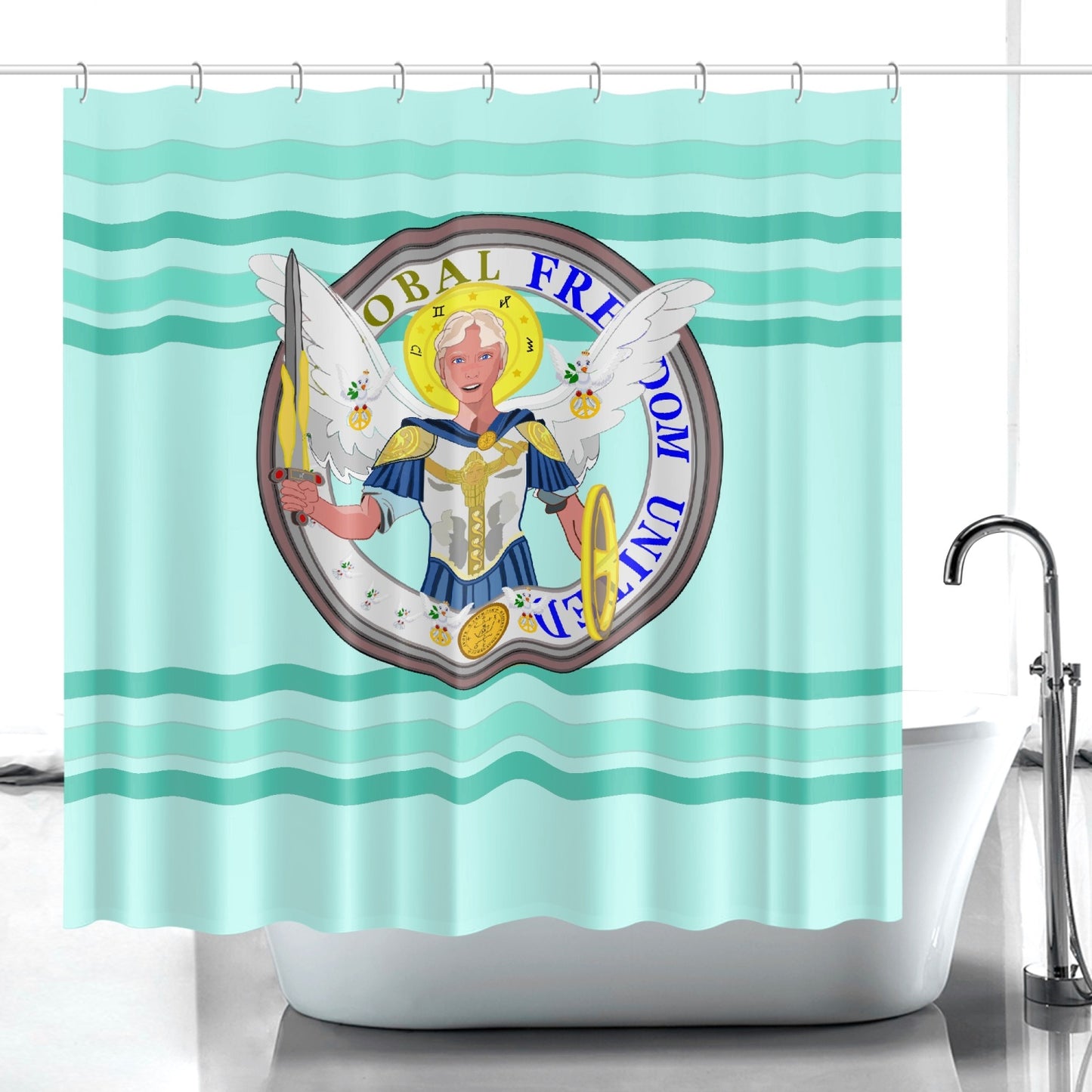 Quick-drying Shower Curtain GLOBAL FREEDOM UNITED© Archangel Michael Version 1 Light Green