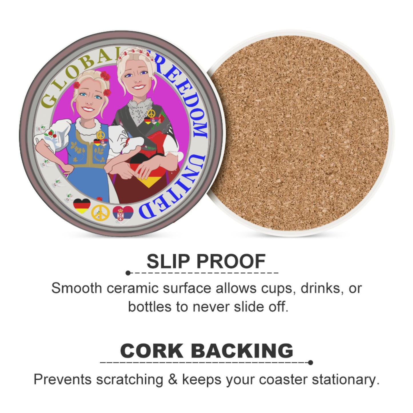 Ceramic Coasters GLOBAL FREEDOM UNITED© Women Serbia & Germany V2