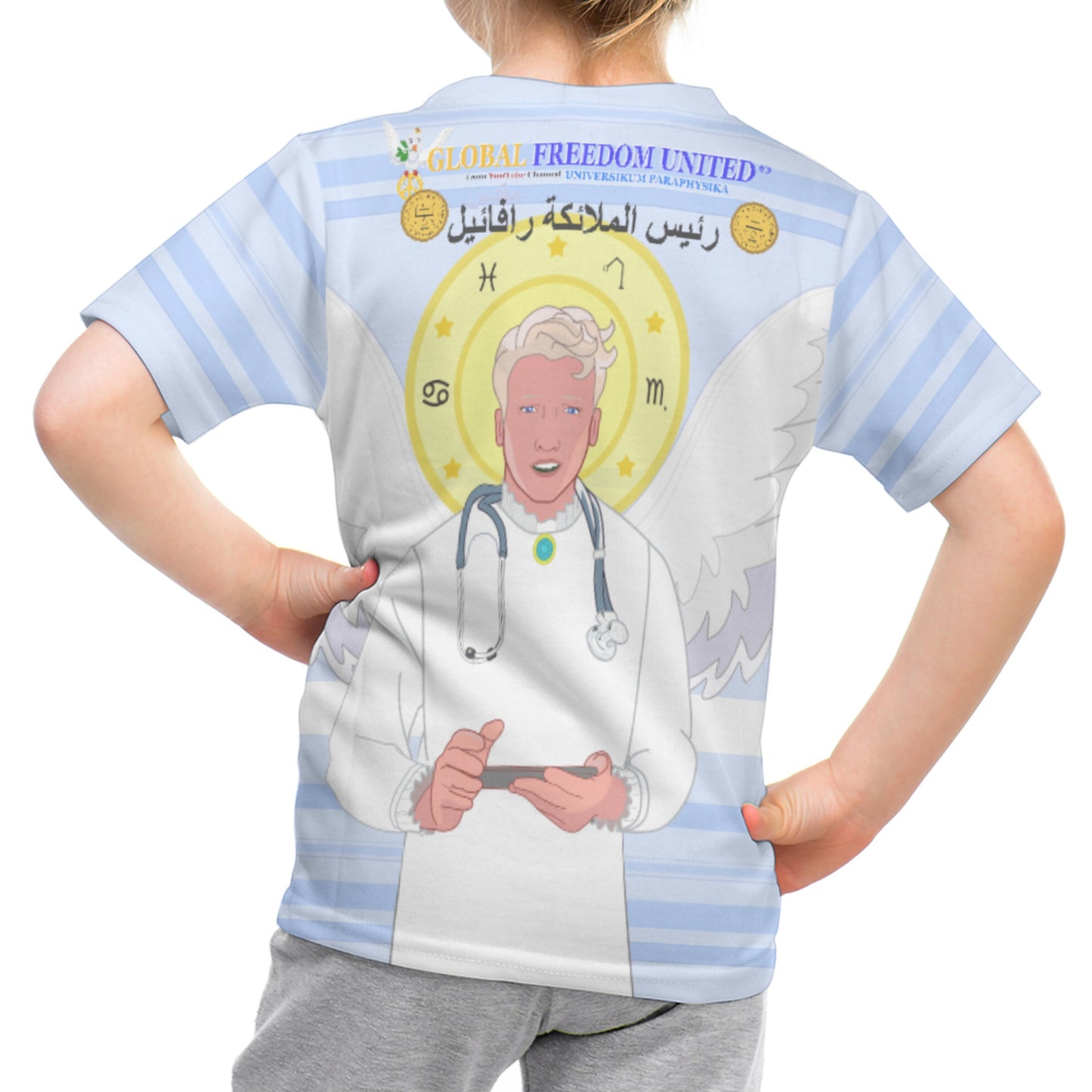 Kid´s T-shirt GLOBAL FREEDOM UNITED© Archangel Rafael Arabic Light Blue