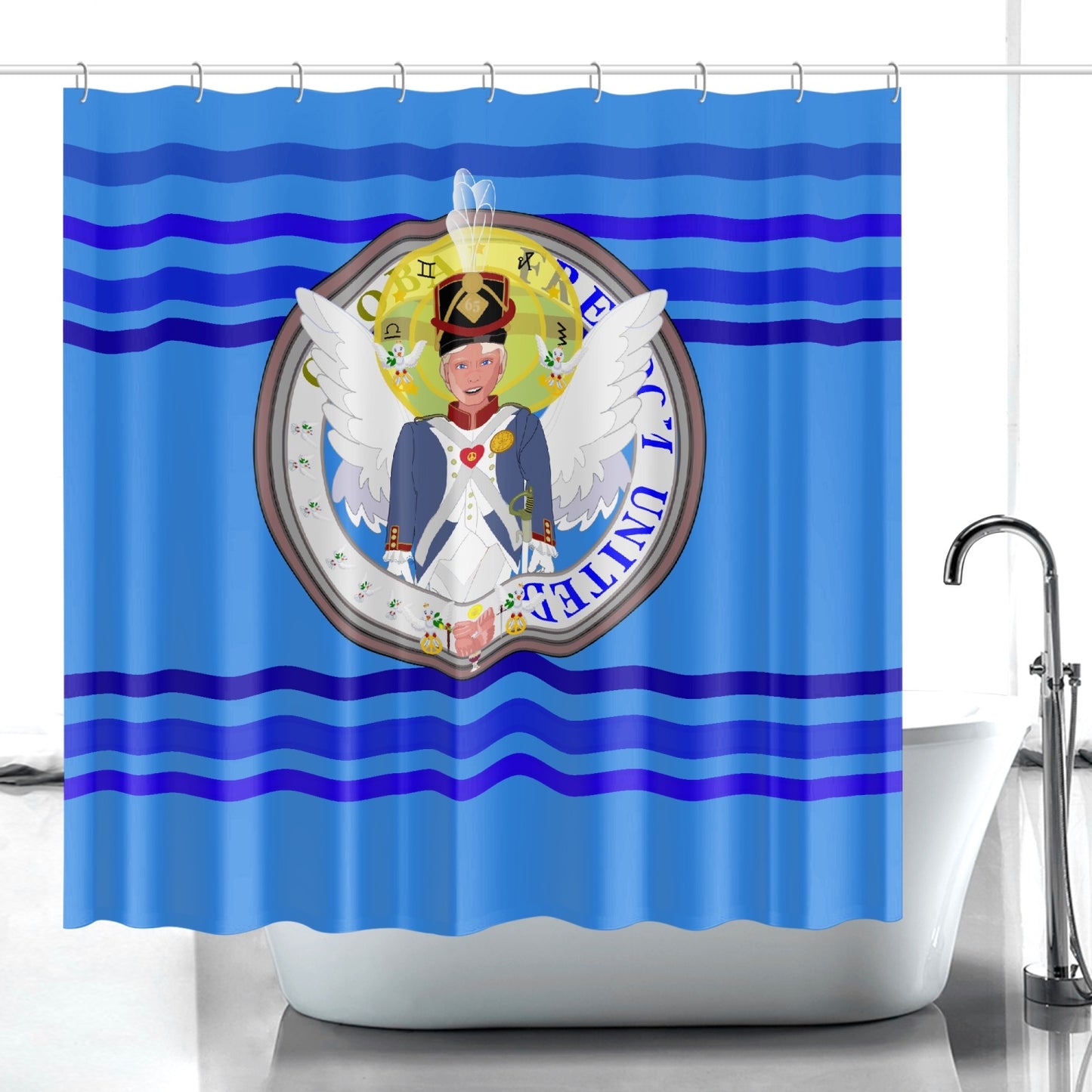 Quick-drying Shower Curtain GLOBAL FREEDOM UNITED© Archangel Michael Version 3 Deep Blue