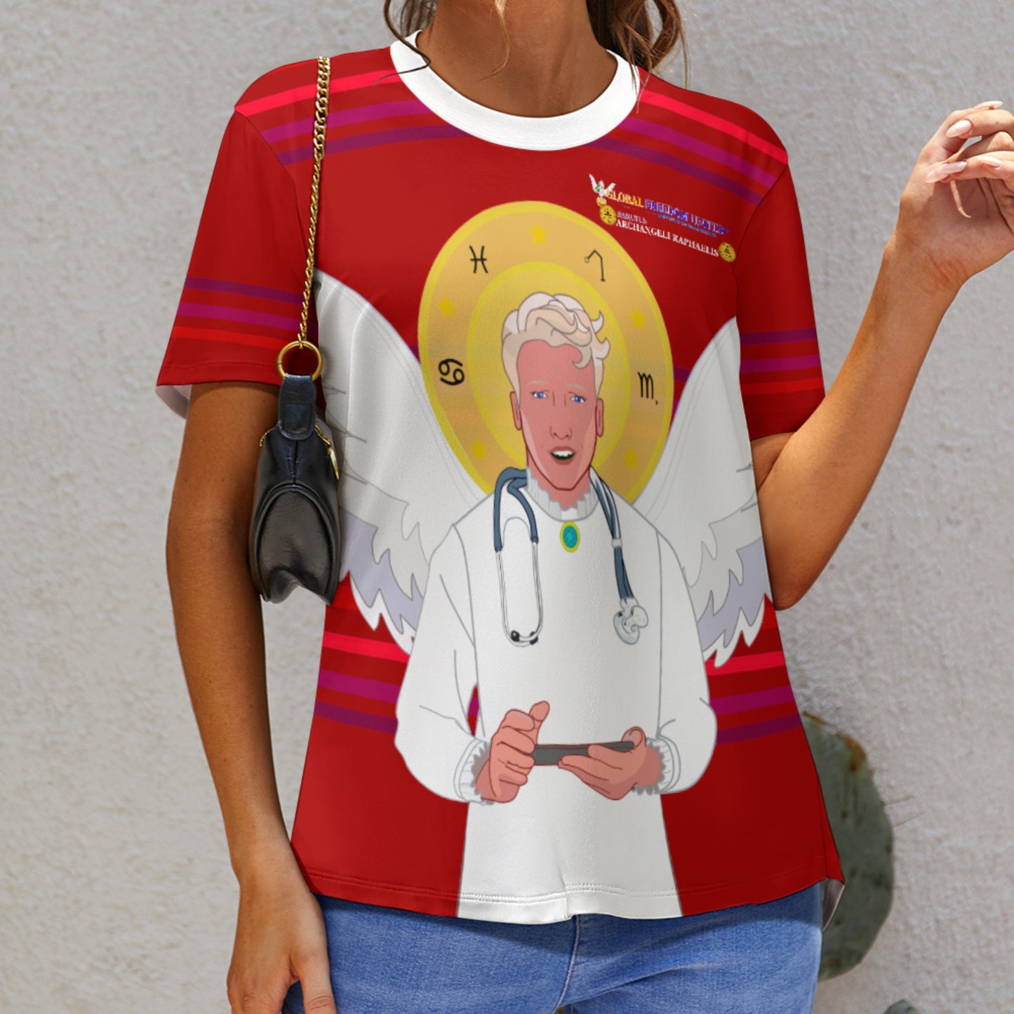 Women´s T-shirt GLOBAL FREEDOM UNITED© Archangel Rafael Old Latin Red