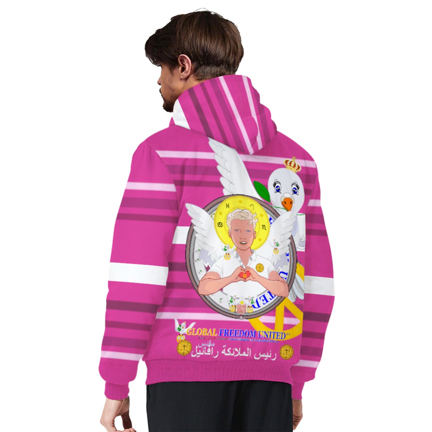 Plush Hoodie GLOBAL FREEDOM UNITED© Archangel Rafael Arabic Pink2