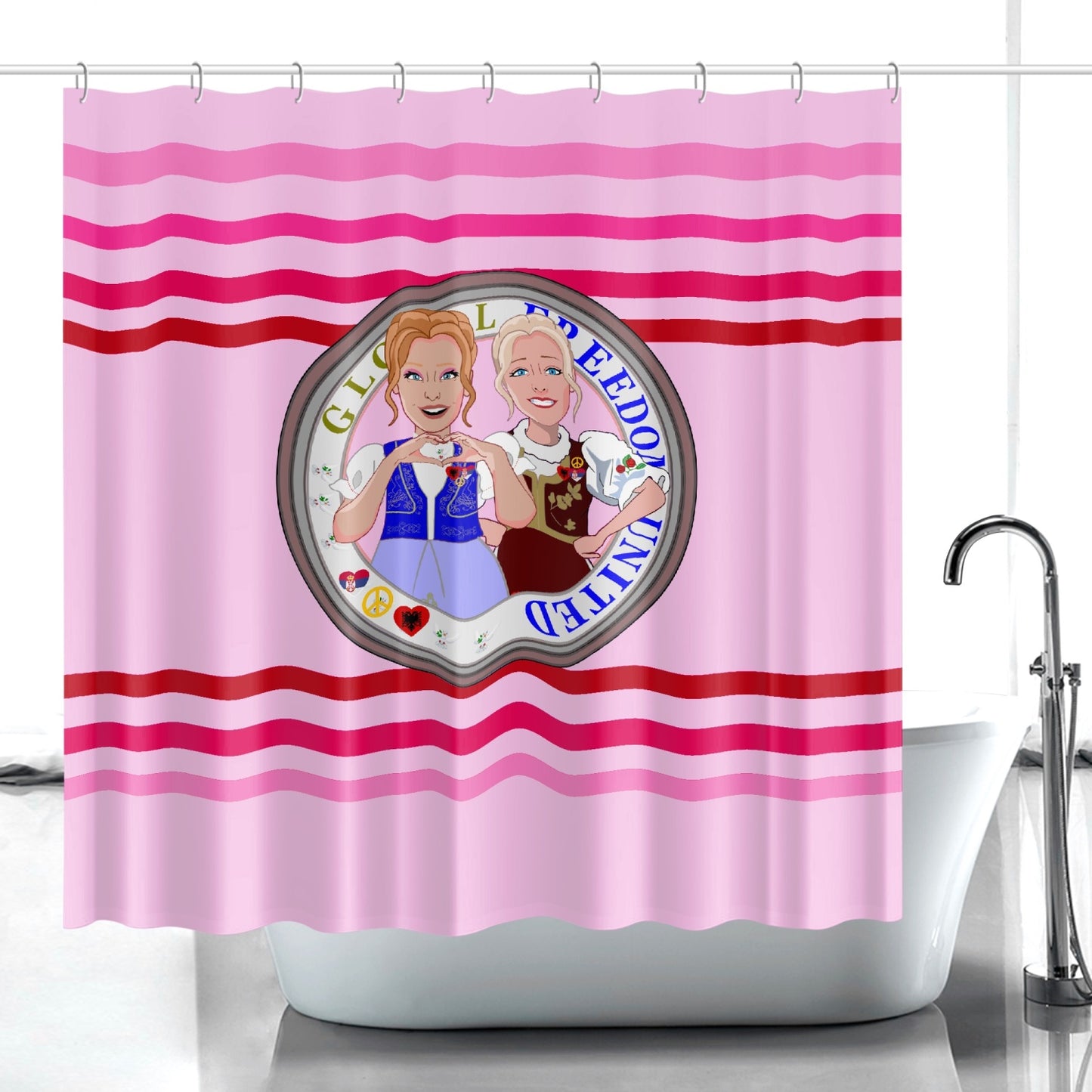 Quick-drying Shower Curtain GLOBAL FREEDOM UNITED© Women Albania & Serbia Pink