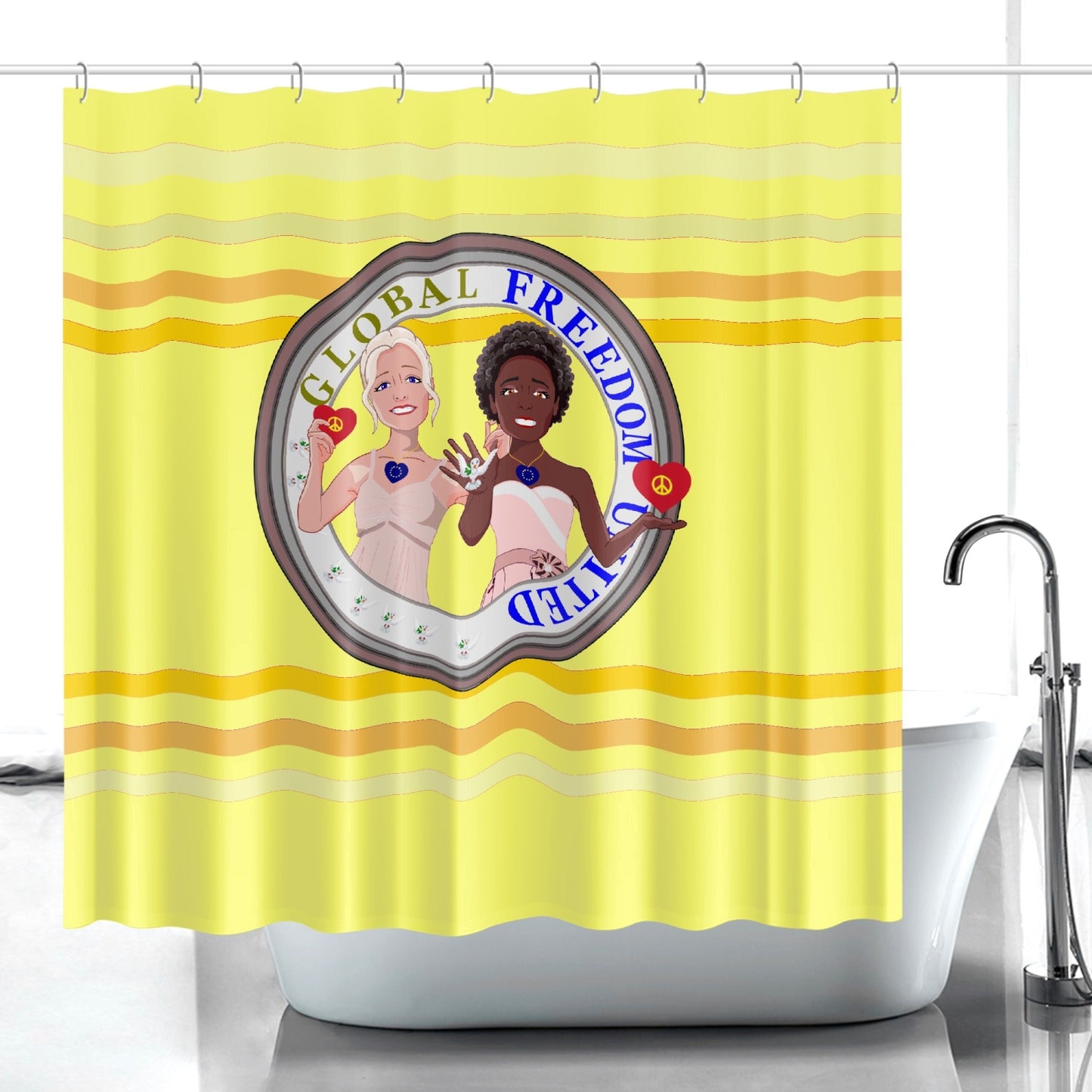 Quick-drying Shower Curtain GLOBAL FREEDOM UNITED© Women Anti Fascism & Racism EU Yellow