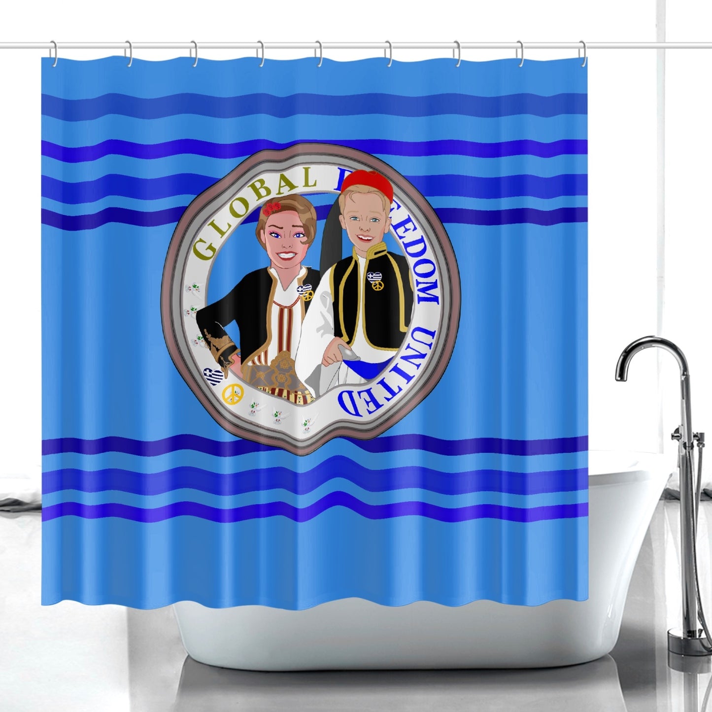 GLOBAL FREEDOM UNITED© Couple Greece Deep Blue Quick-drying Shower Curtain