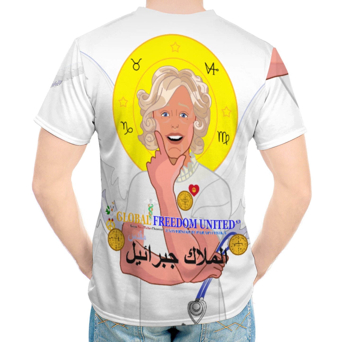 Men´s T-shirt GLOBAL FREEDOM UNITED© Archangel Gabriel Wight Dove Of Peace Arabic