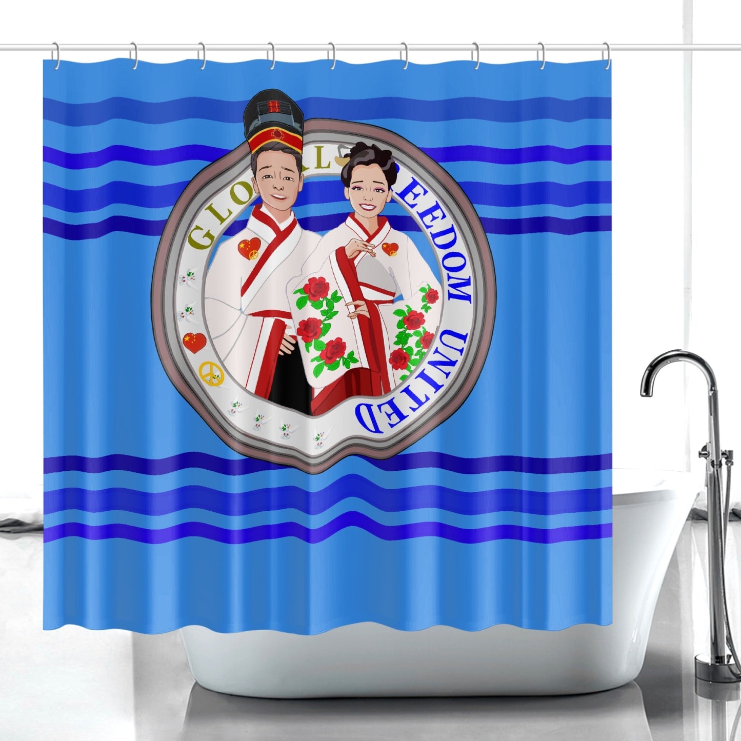 GLOBAL FREEDOM UNITED© Couple China Deep Blue - Quick-drying Shower Curtain