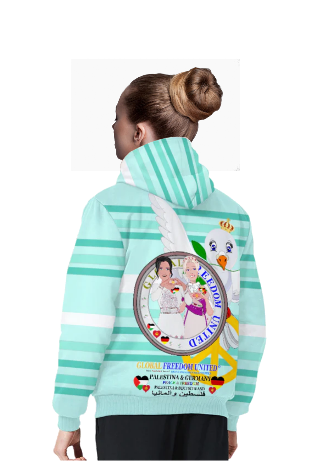 Plush Hoodie GLOBAL FREEDOM UNITED© Women Palestina & Germany Light Green