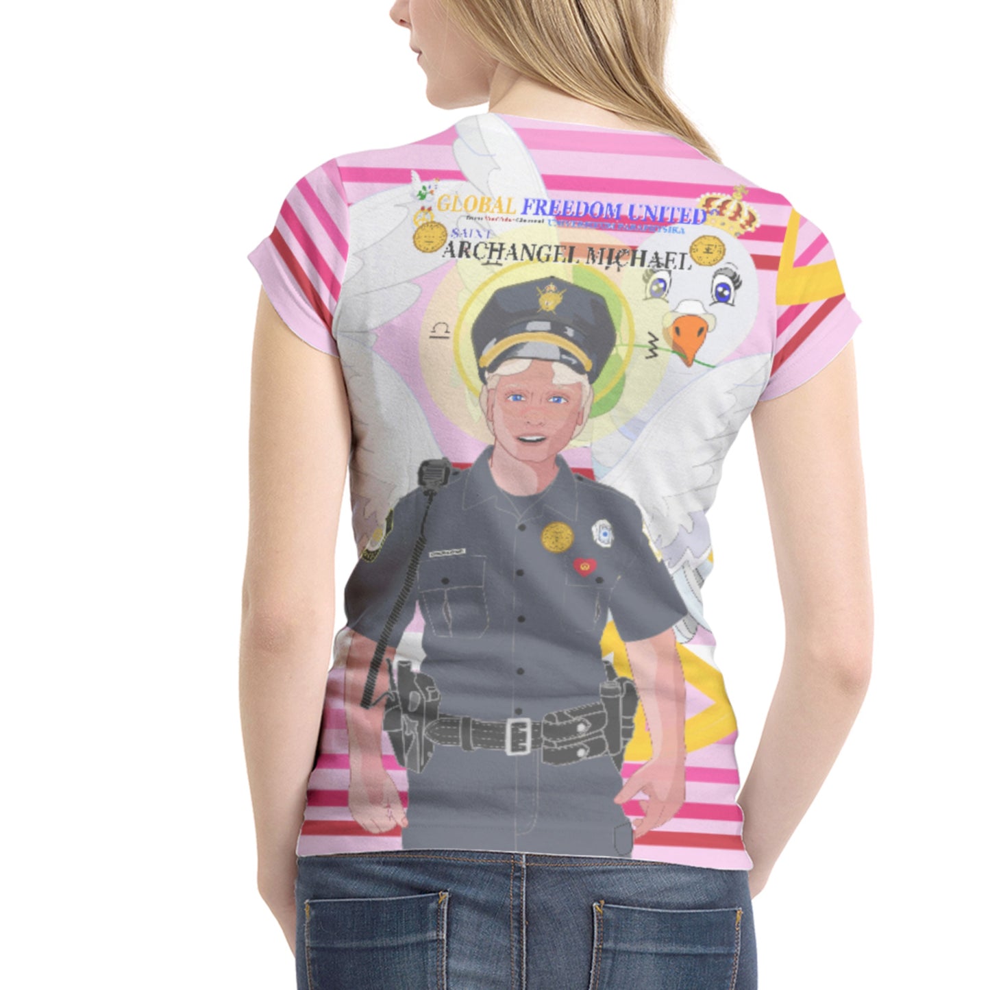 Women´s T-shirt 1 GLOBAL FREEDOM UNITED© Archangel Michael As Policemen Pink1