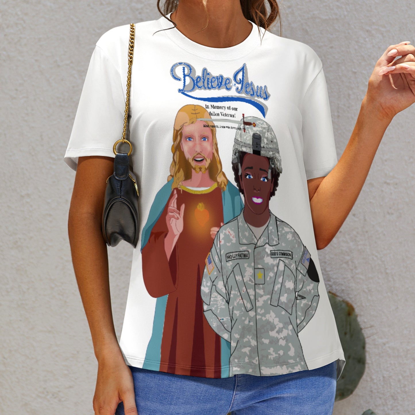 Women´s Wight T-Shirt Black GLOBAL FREEDOM UNITED© Jesus Christ For Fallen Veteran Afro American Soldiers V2