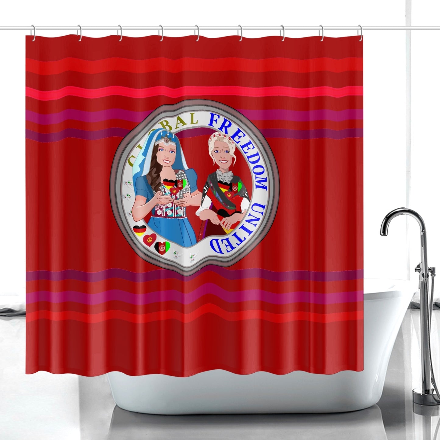 Quick-drying Shower Curtain GLOBAL FREEDOM UNITED© Women Afghanistan & Germany Red