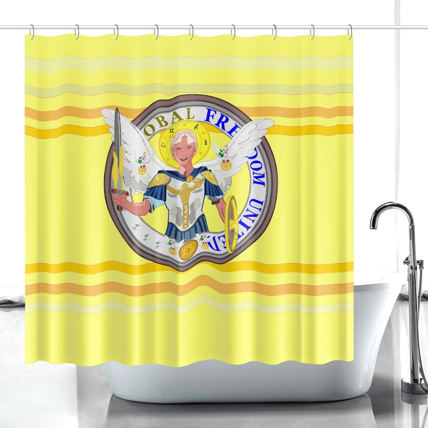 Quick-drying Shower Curtain GLOBAL FREEDOM UNITED© Archangel Michael Version 1 Yellow