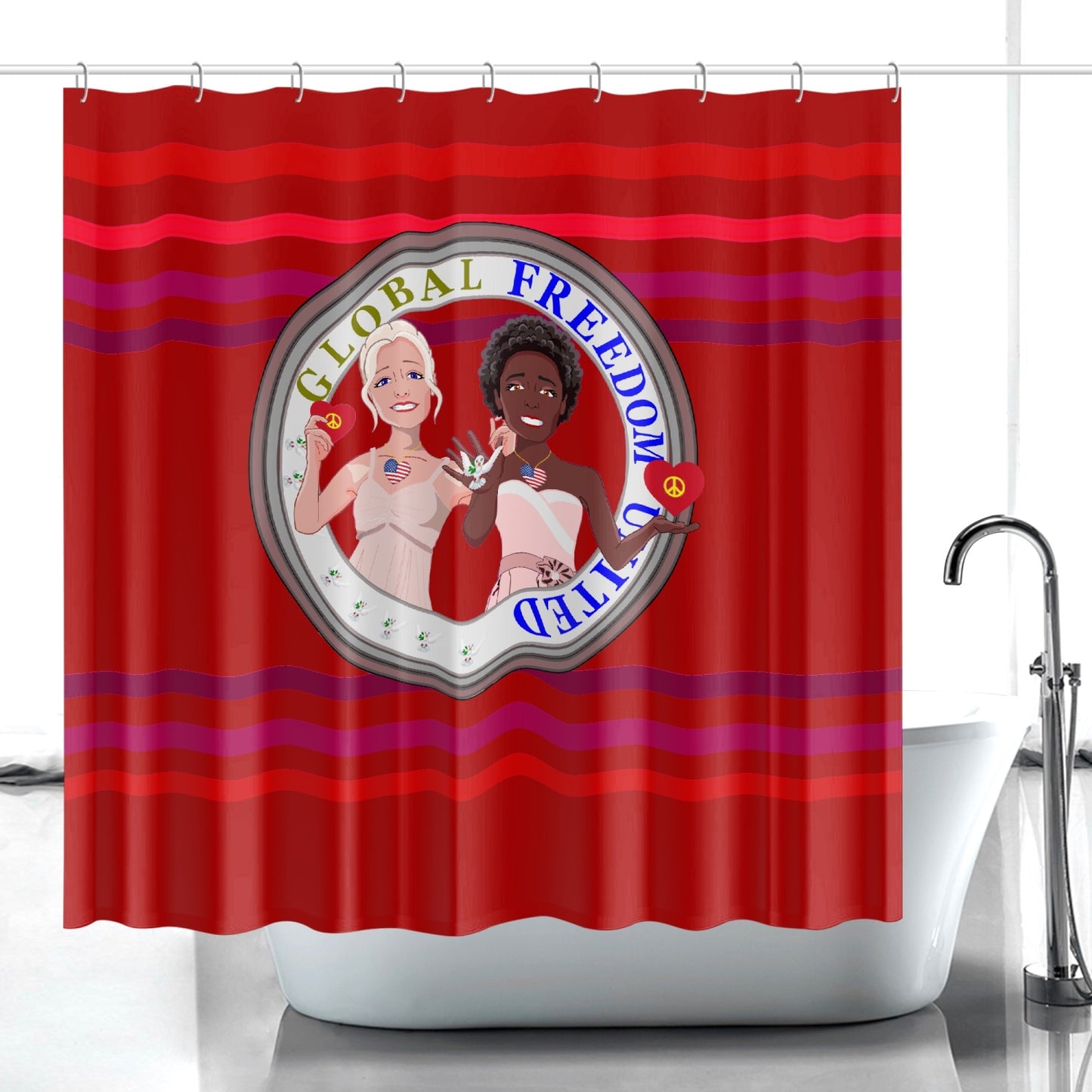 Quick-drying Shower Curtain GLOBAL FREEDOM UNITED© Men Anti Fascism & Racism USA Red
