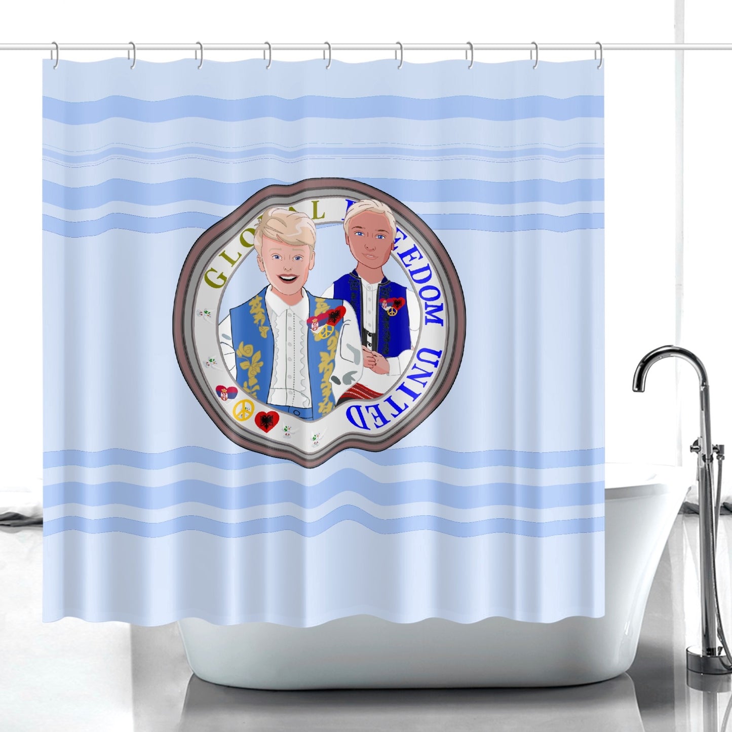 Quick-drying Shower Curtain GLOBAL FREEDOM UNITED© Men Albania & Serbia Light Blue