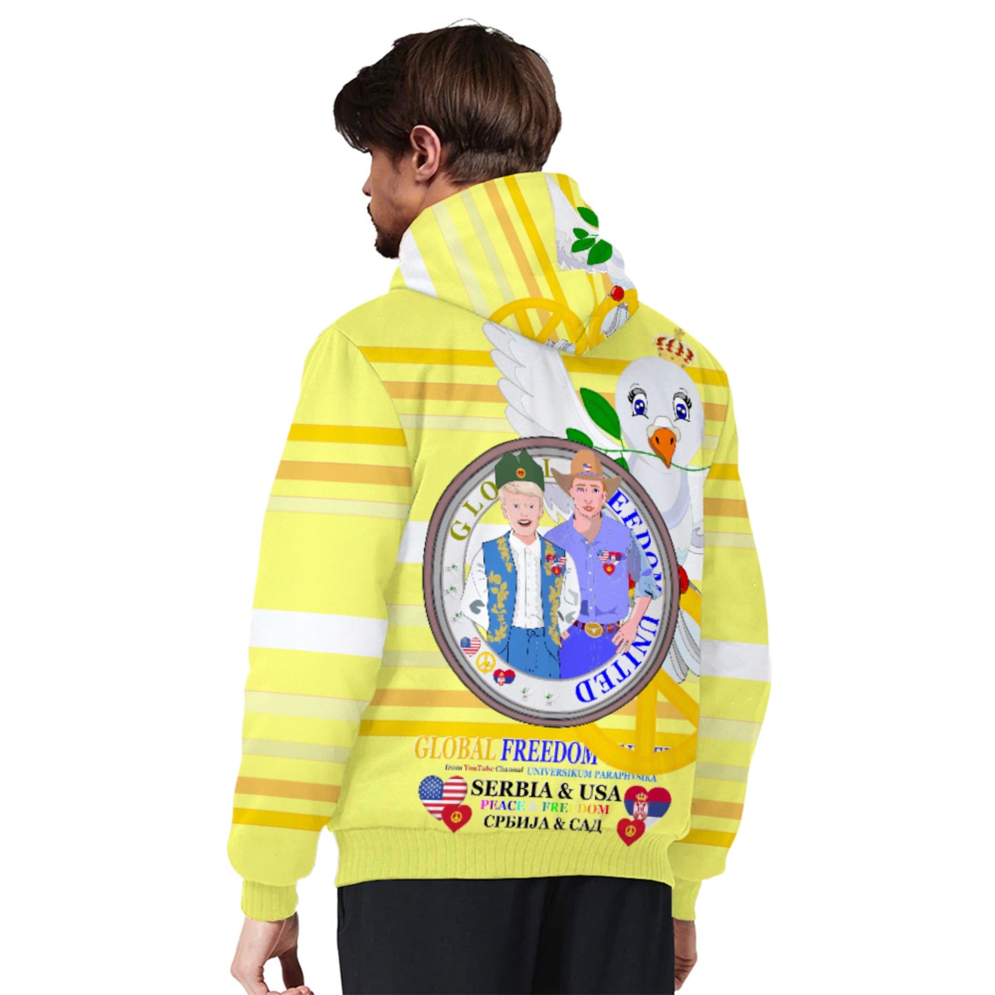 Plush Hoodie GLOBAL FREEDOM UNITED© Men Serbia & USA Yellow