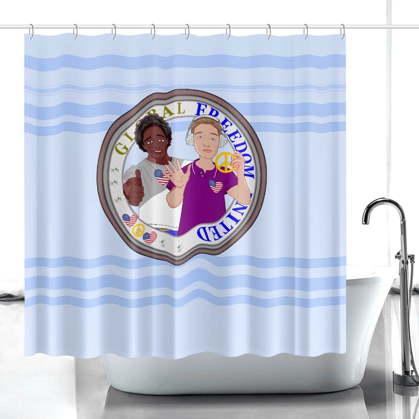 Quick-drying Shower Curtain GLOBAL FREEDOM UNITED© Men Anti Fascism & Racism USA Light Blue