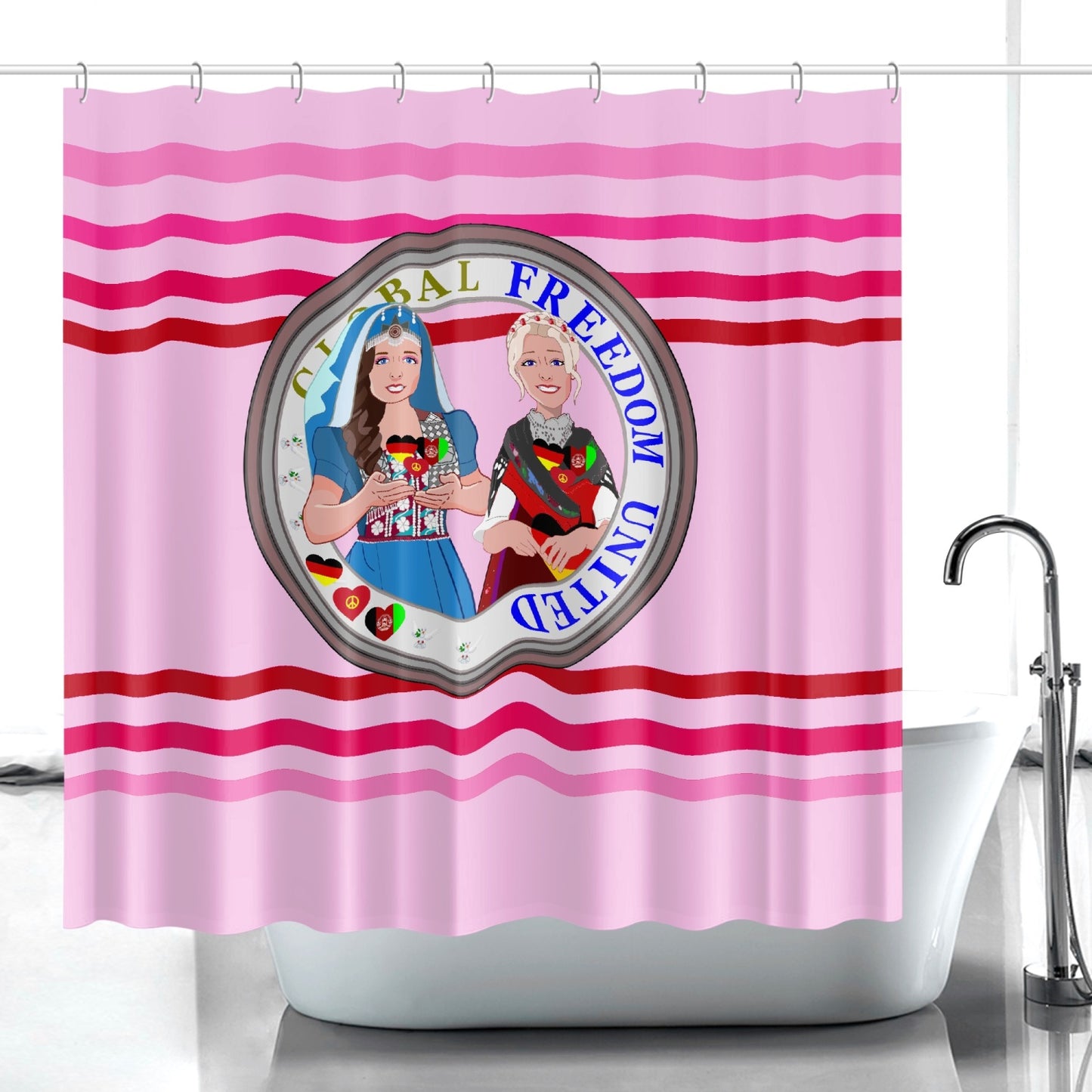 Quick-drying Shower Curtain GLOBAL FREEDOM UNITED© Women Afghanistan & Germany Pink