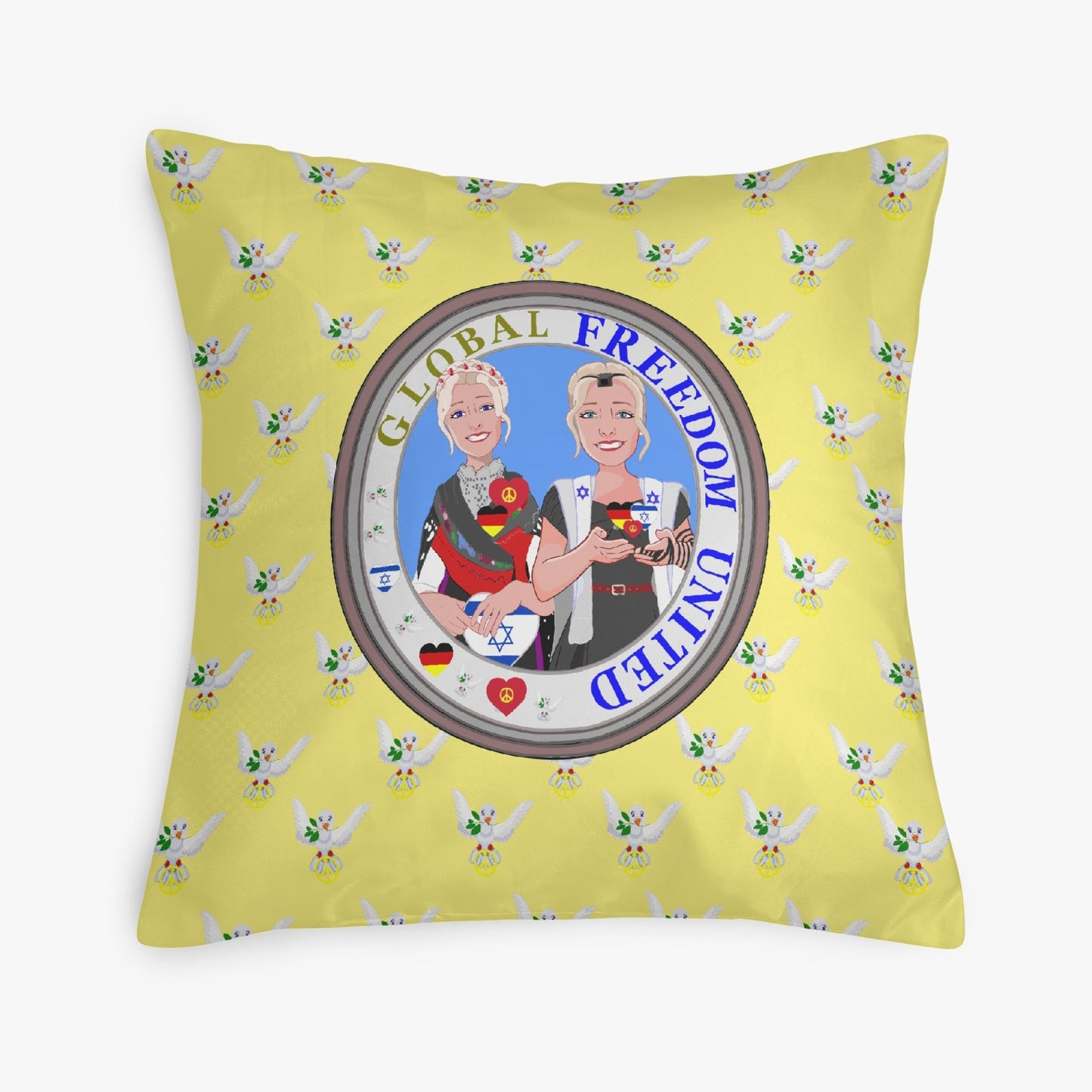 GLOBAL FREEDOM UNITED© Women ISRAEL & GERMANY Yellow 18'' Square Pillow Cover