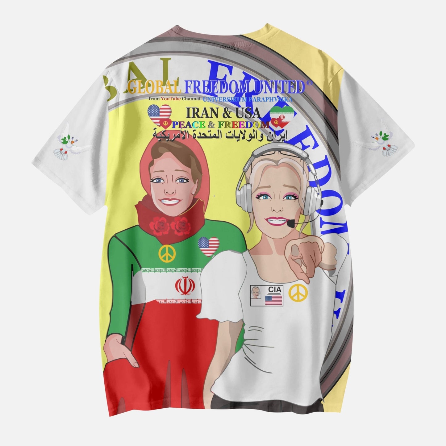 GLOBAL FREEDOM UNITED GIRLS IRAN & USA OLD PEACE YELLOW AOP Kids' Short T-Shirts