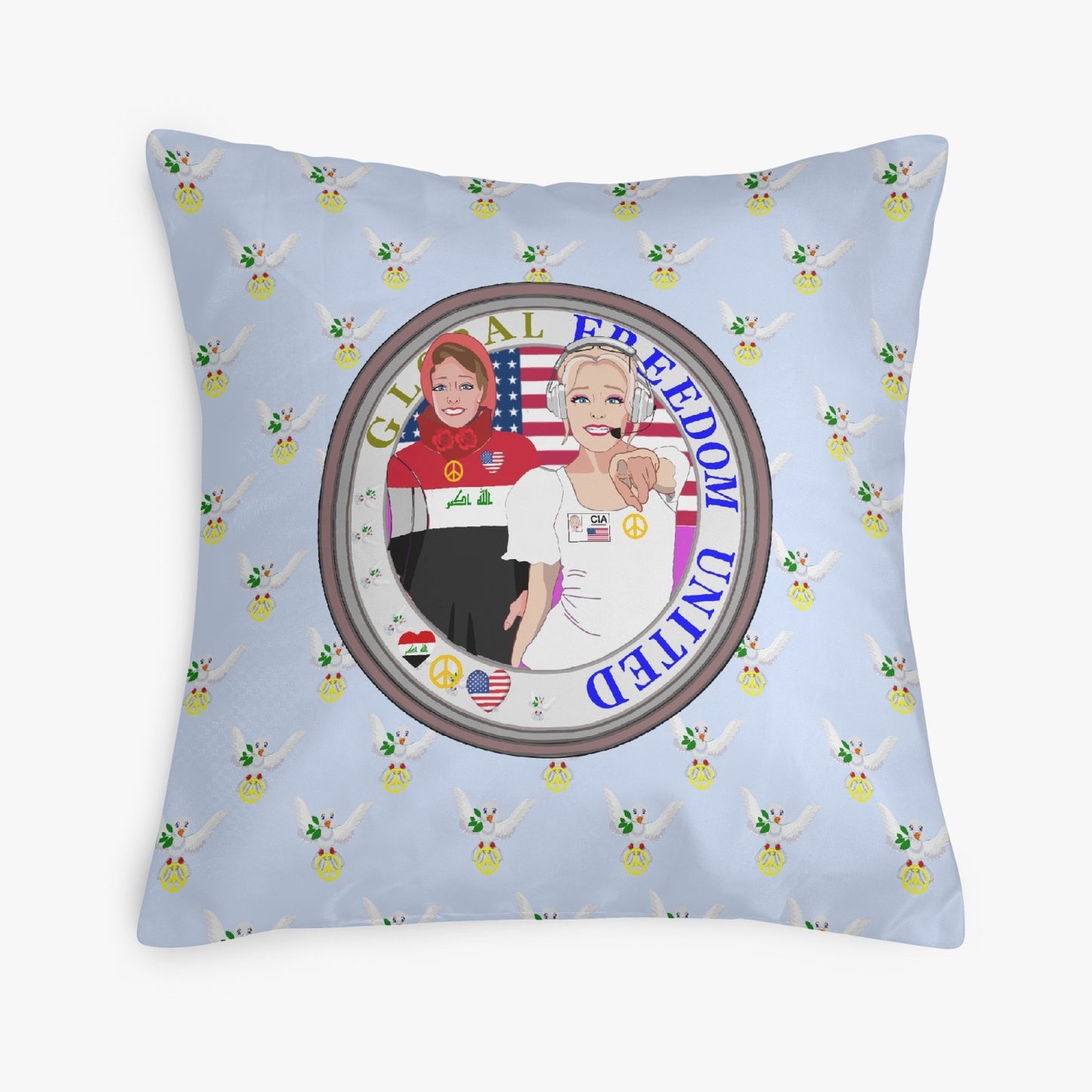GLOBAL FREEDOM UNITED© Women IRAQ & USA LIGHT BLUE 18'' Square Pillow Cover