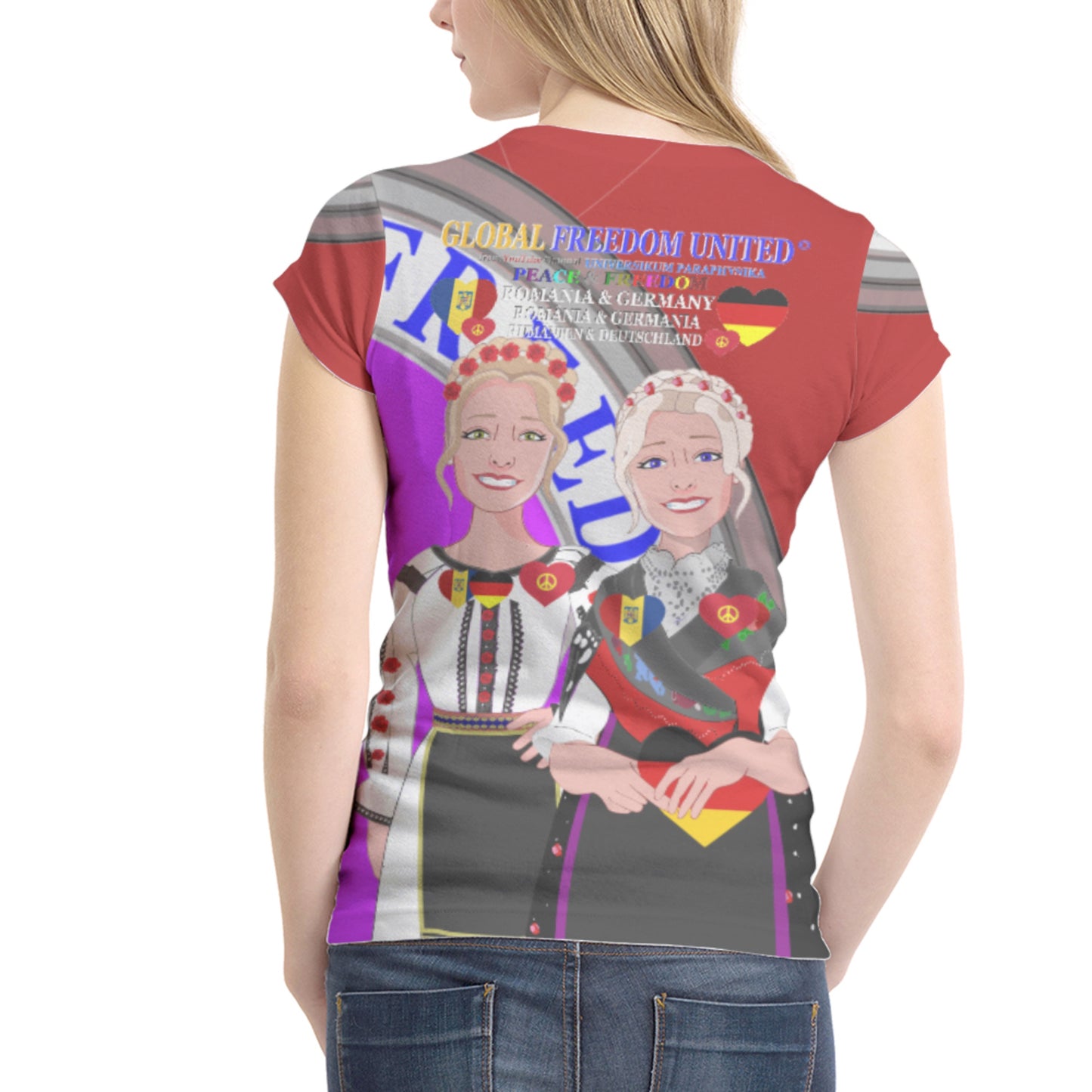 Women´s T-shirt 2 GLOBAL FREEDOM UNITED© Women Romania & Germany Red