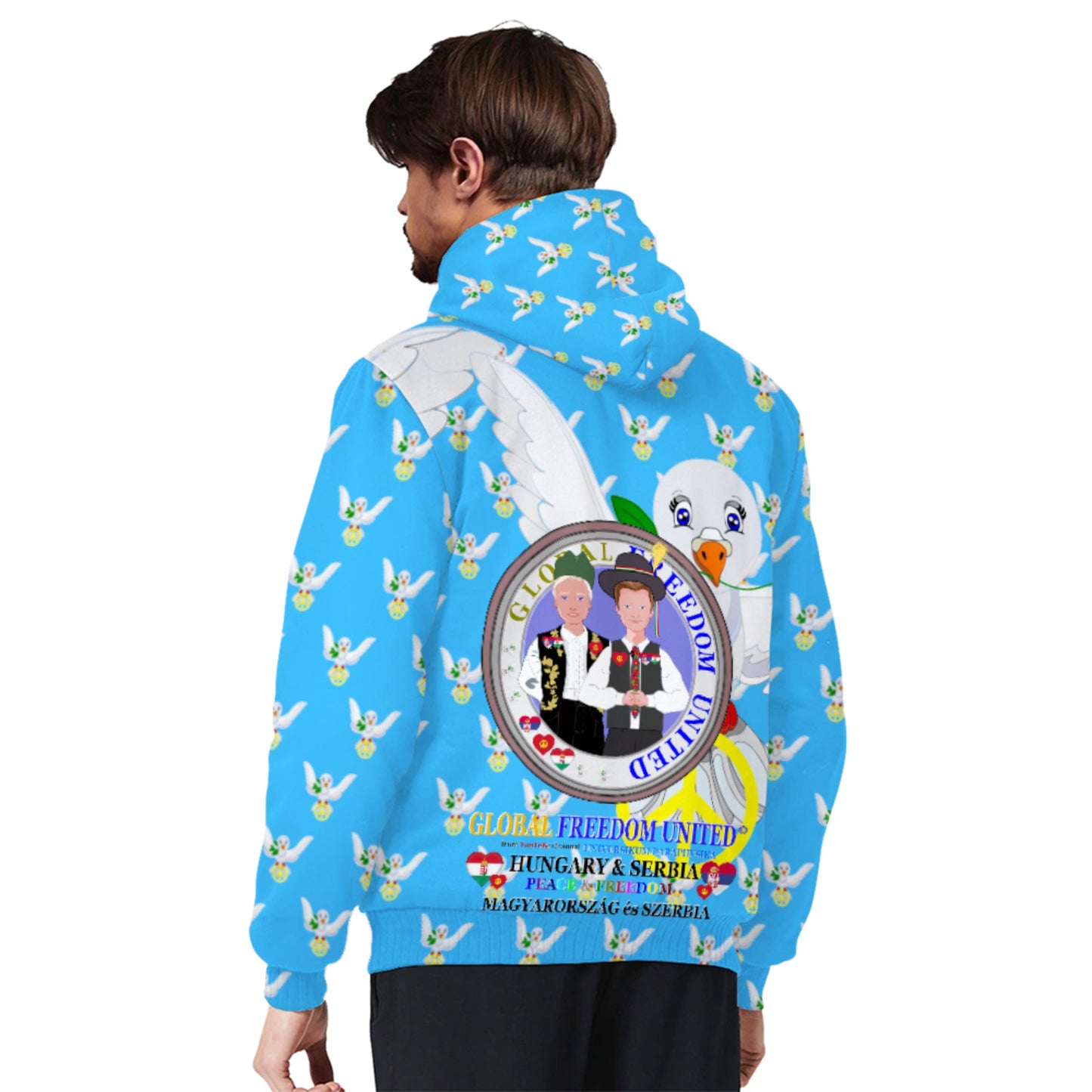 Plush Hoodie GLOBAL FREEDOM UNITED© Men Serbia & Hungary Old Peace Blue