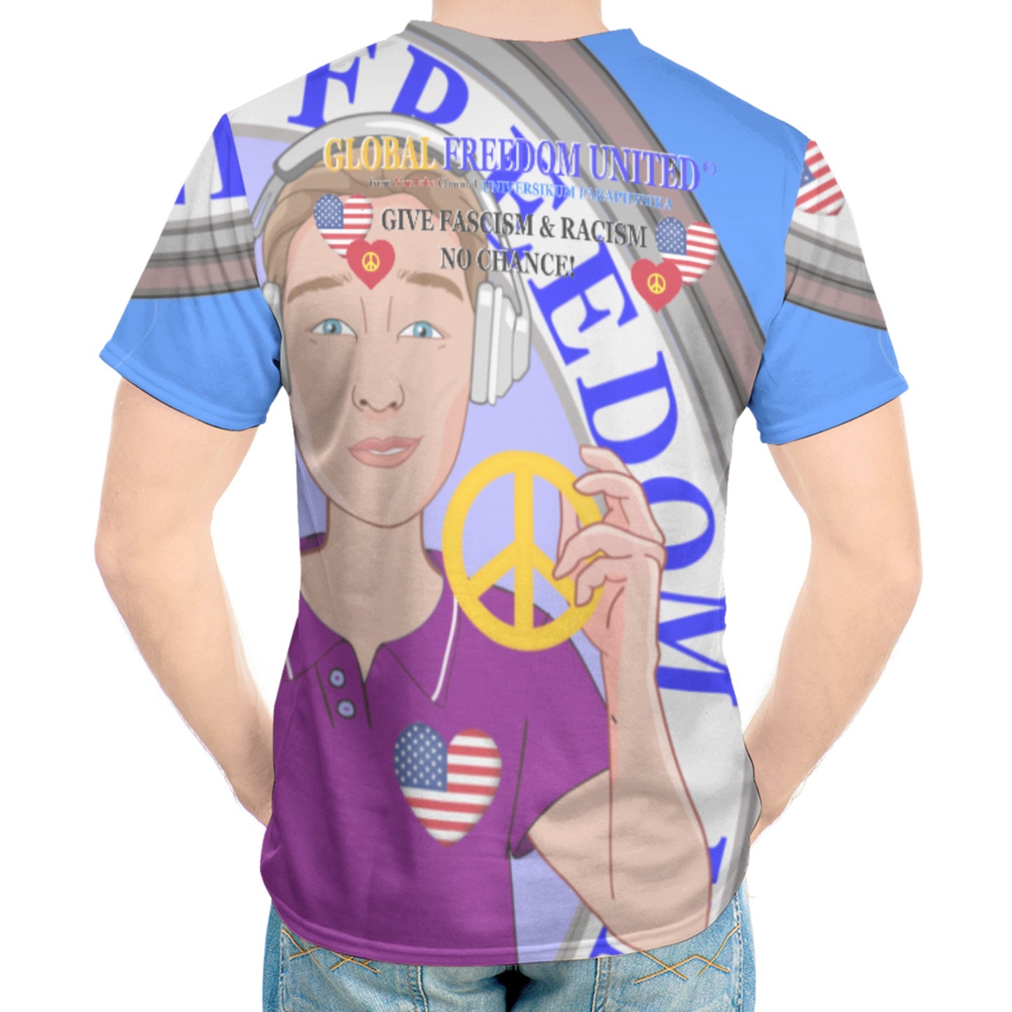 Men´s T-shirt GLOBAL FREEDOM UNITED© Men Anti Fascism & Racism USA Blue