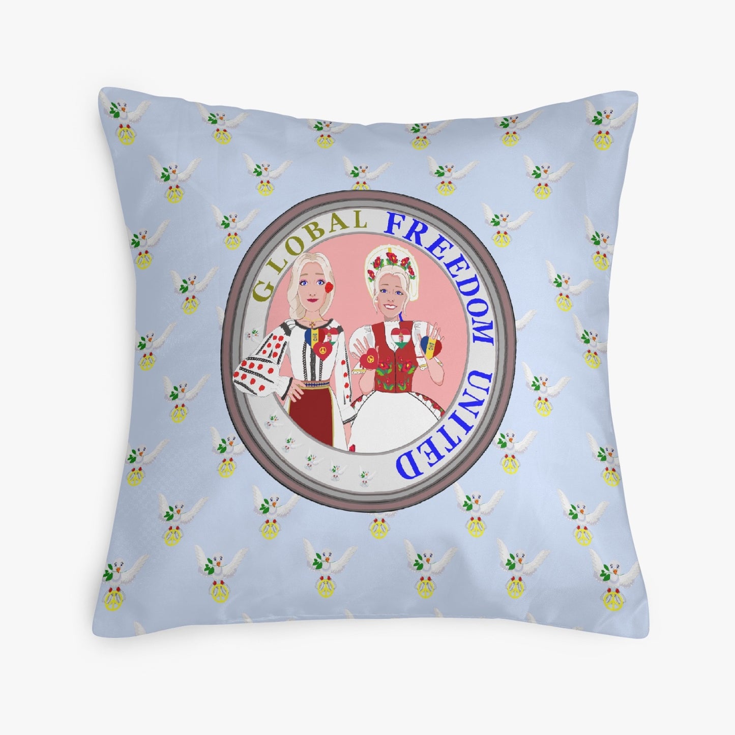 GLOBAL FREEDOM UNITED© Women ROMANIA & HUNGARY Light Blue V1 18'' Square Pillow Cover