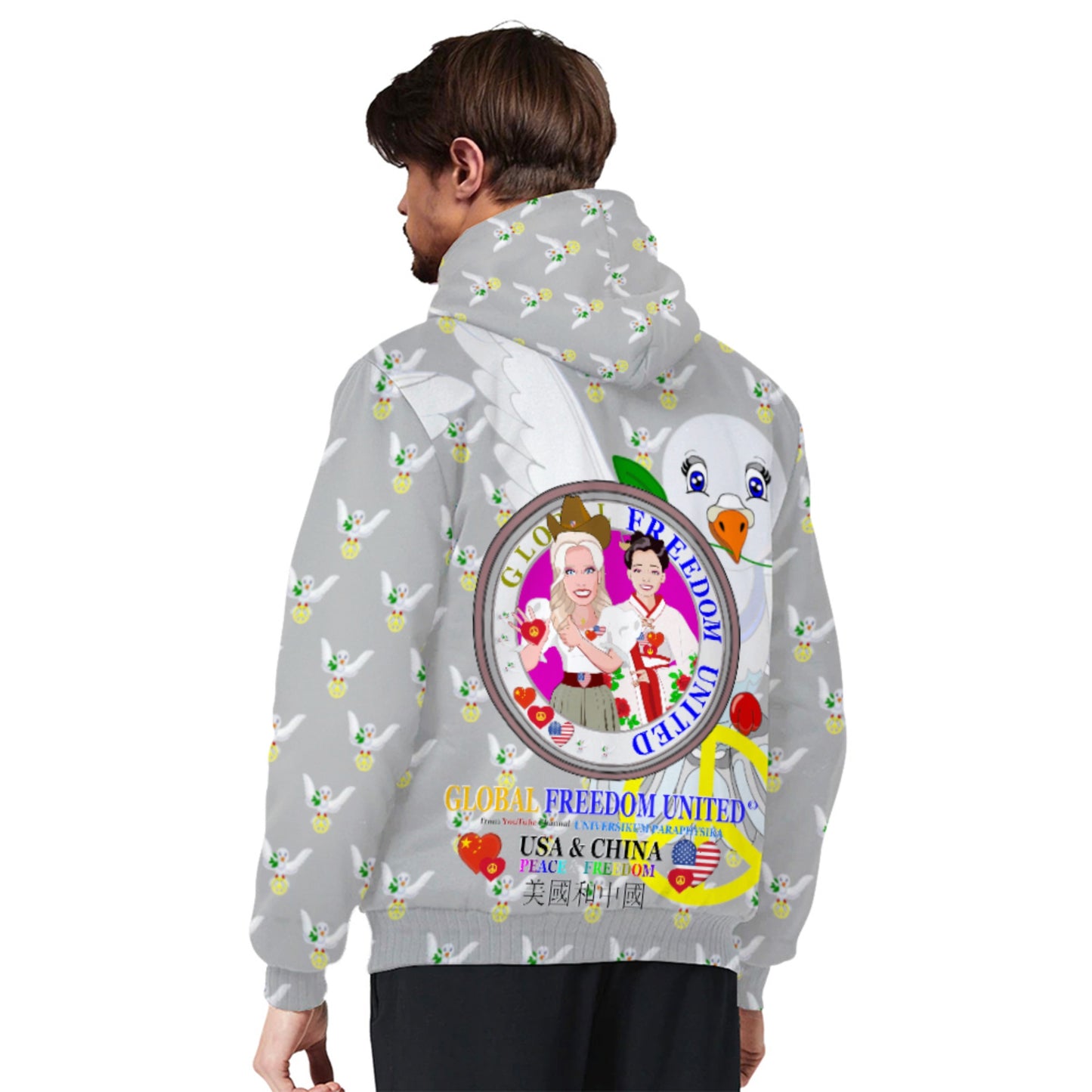 Plush Hoodie GLOBAL FREEDOM UNITED© Women USA & China Grey