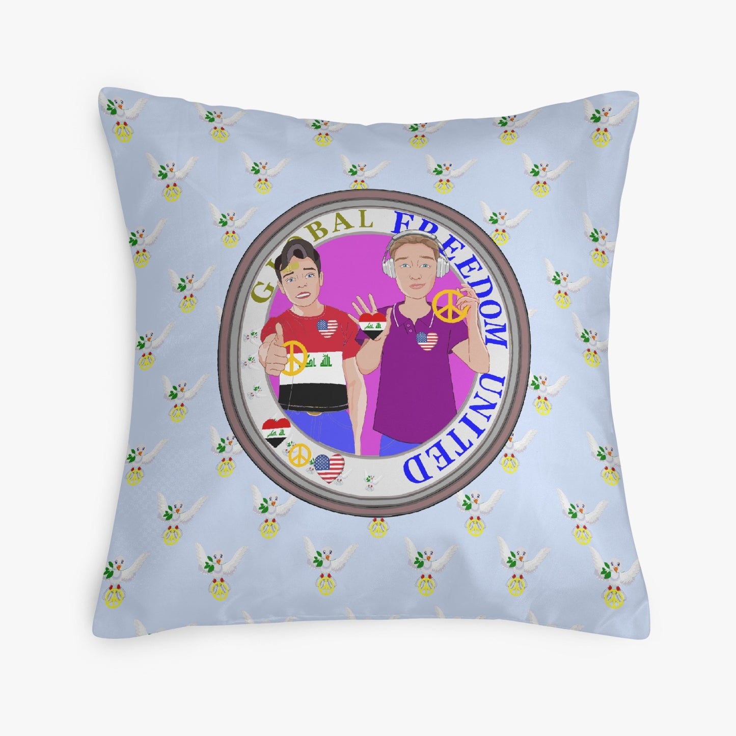 GLOBAL FREEDOM UNITED© Men IRAQ & USA LIGHT BLUE 18'' Square Pillow Cover