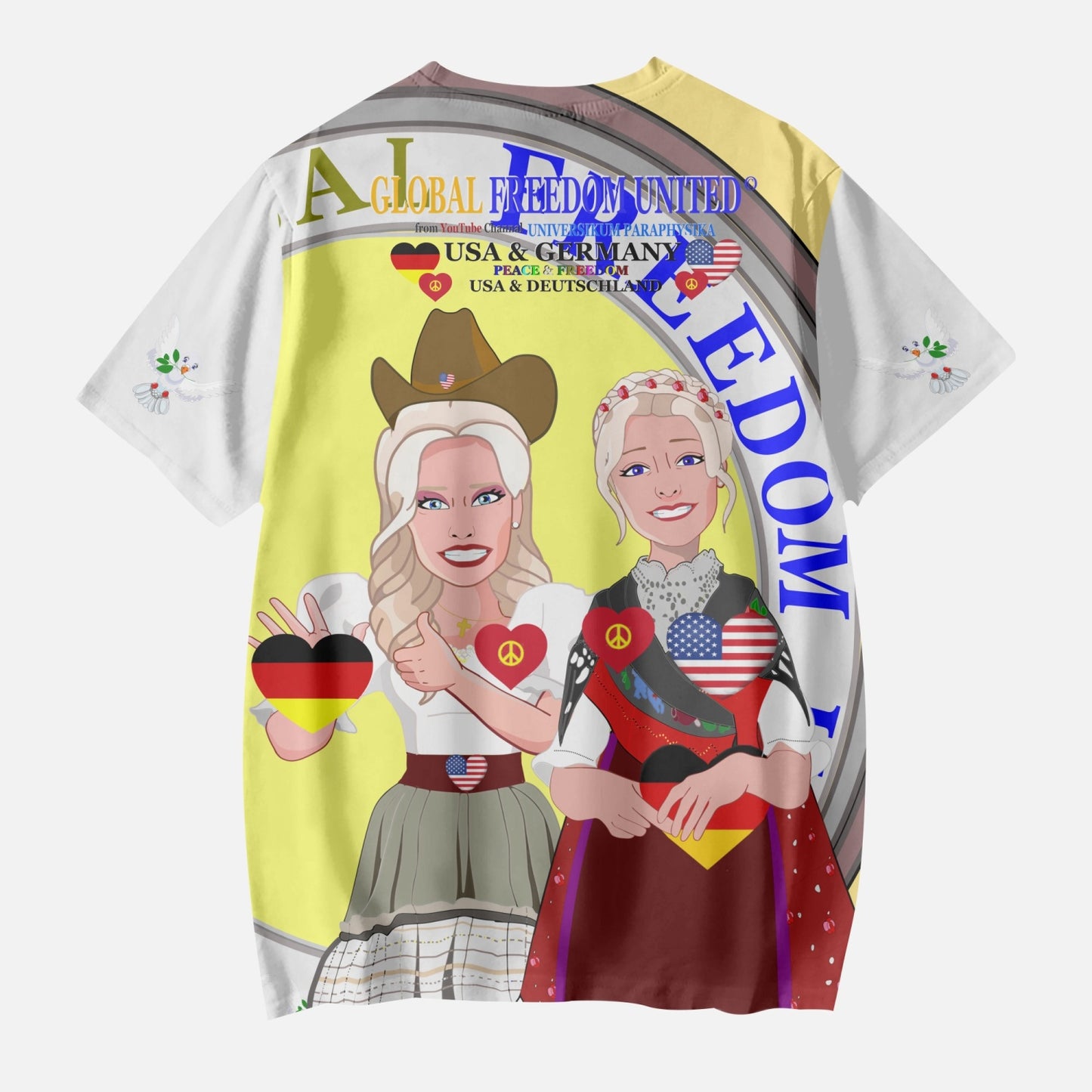 GLOBAL FREEDOM UNITED GIRLS USA & GERMANY OLD PEACE YELLOW AOP Kids' Short T-Shirts