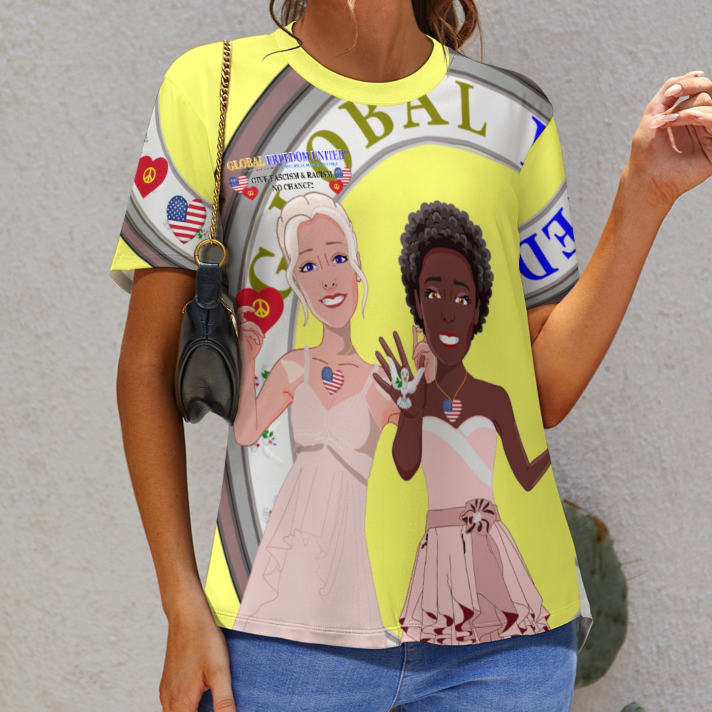 Women´s T-Shirt 3 GLOBAL FREEDOM UNITED© Women Anti Fascism & Racism USA Yellow