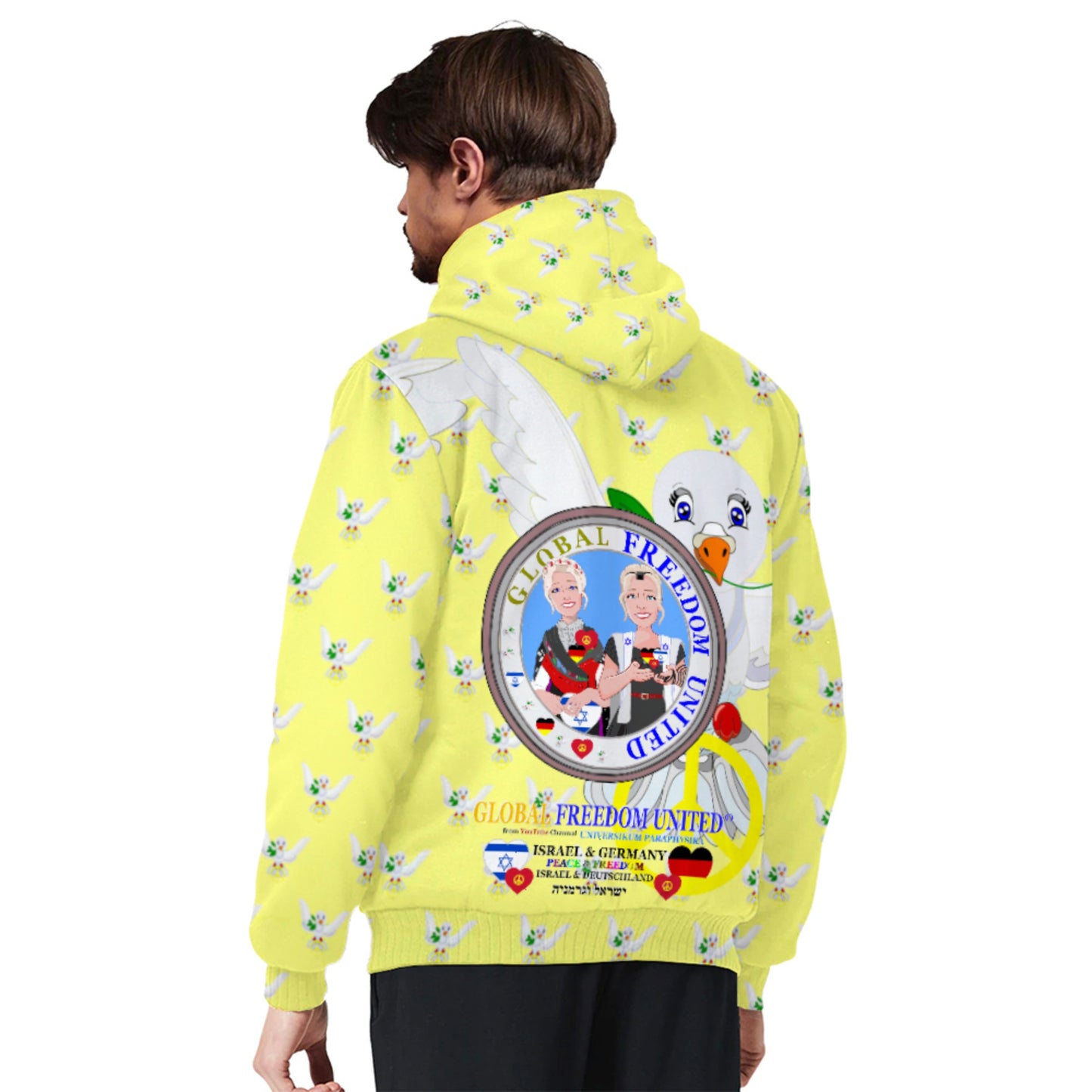Plush Hoodie GLOBAL FREEDOM UNITED© Women Israel & Germany Old Peace Yellow