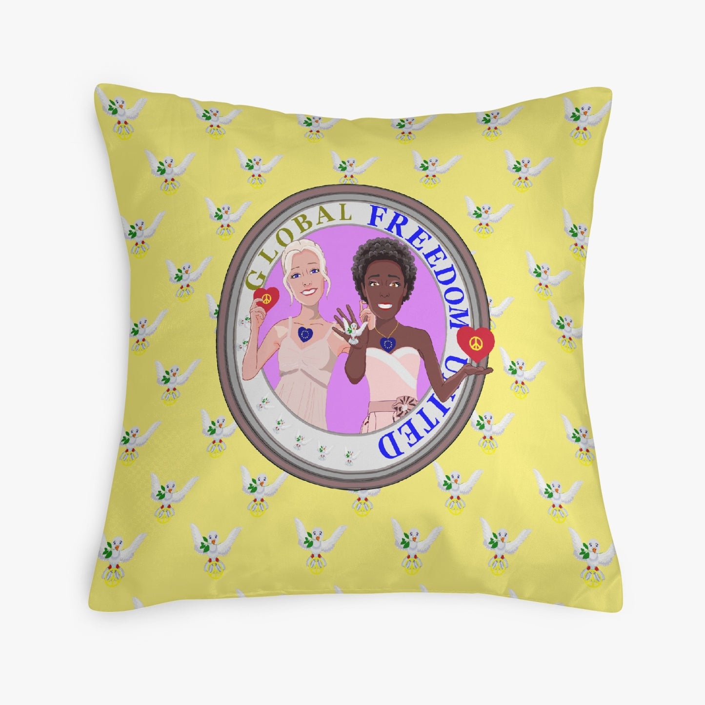 GLOBAL FREEDOM UNITED© Women Anti Fascism & Racism Old Peace YELLOW EU 18'' Square Pillow Cover