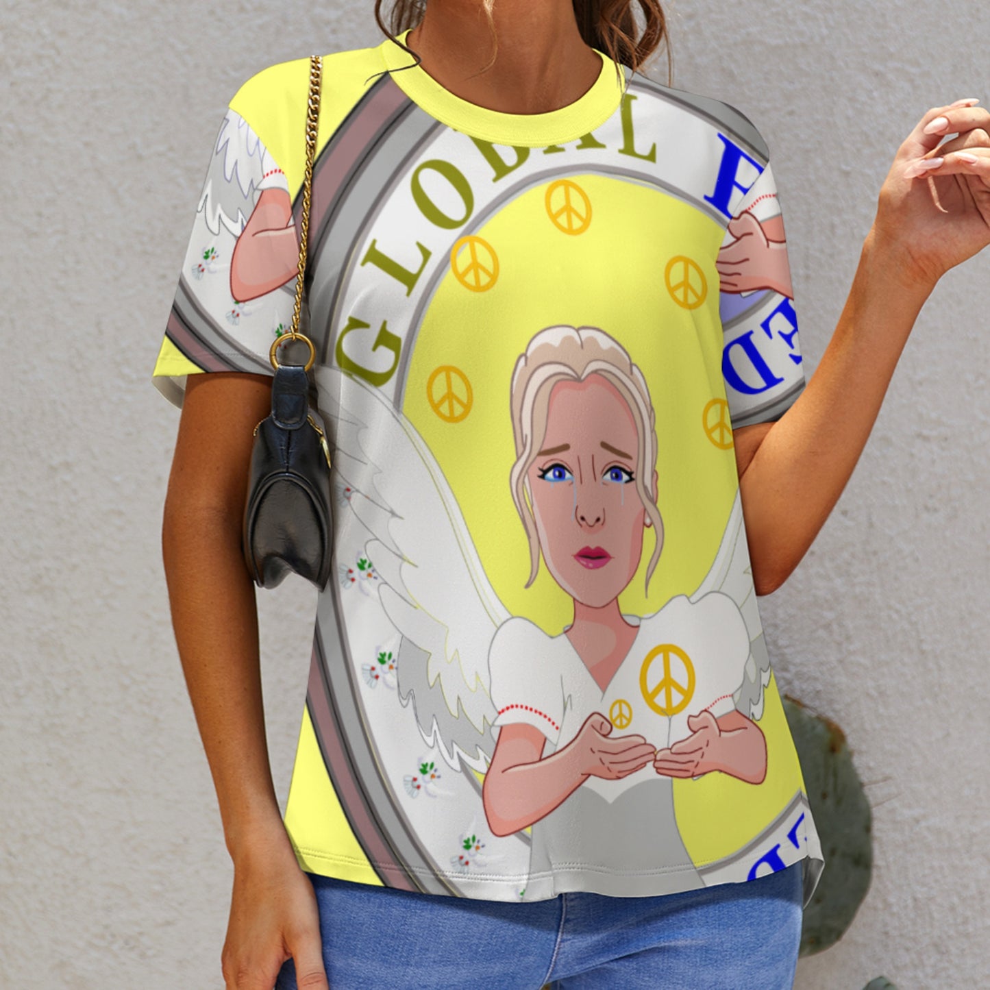 Women´s T-shirt 2 Global Freedom United Women Peace Of Angel Old Peace Yellow