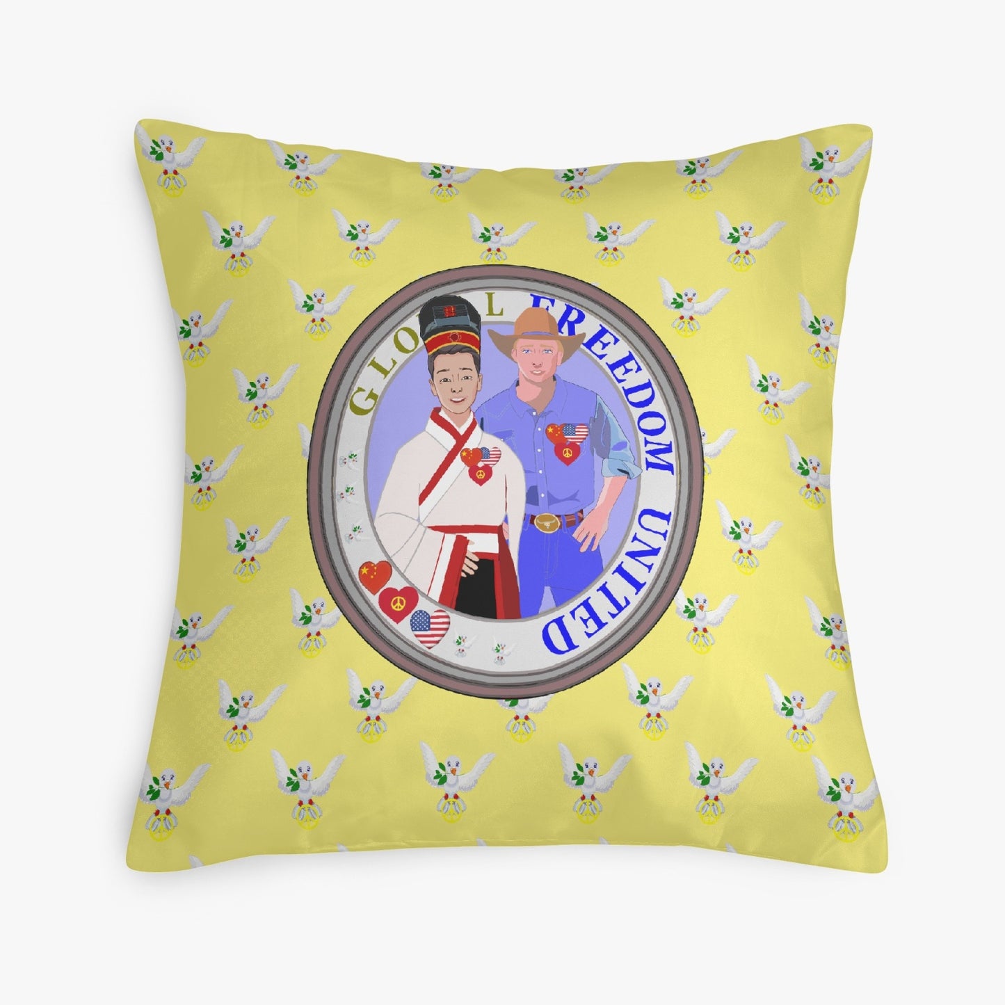 GLOBAL FREEDOM UNITED MEN USA & CHINA OLD PEACE YELLOW 18'' Square Pillow Cover