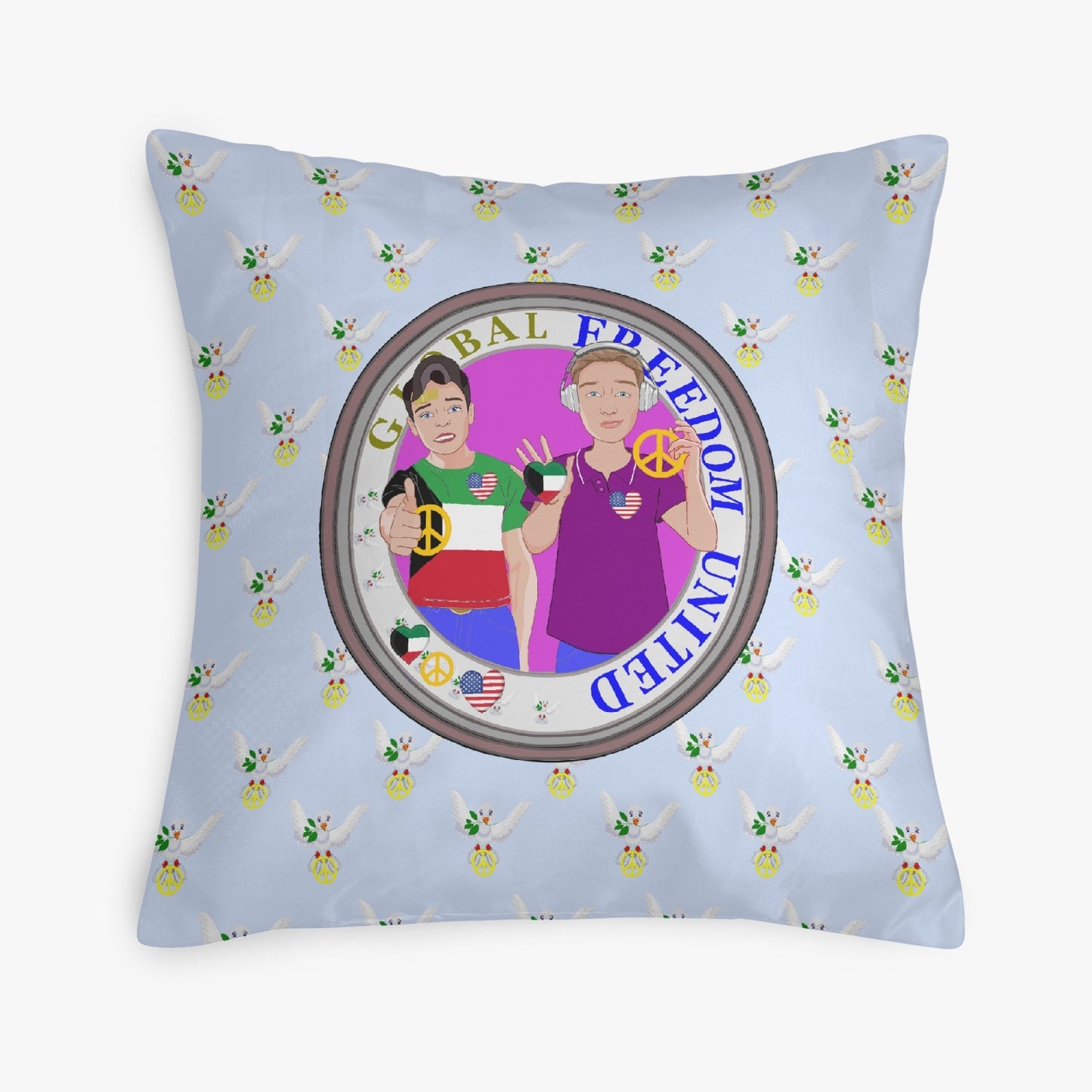 GLOBAL FREEDOM UNITED© Men KUWAIT & USA LIGHT BLUE 18'' Square Pillow Cover