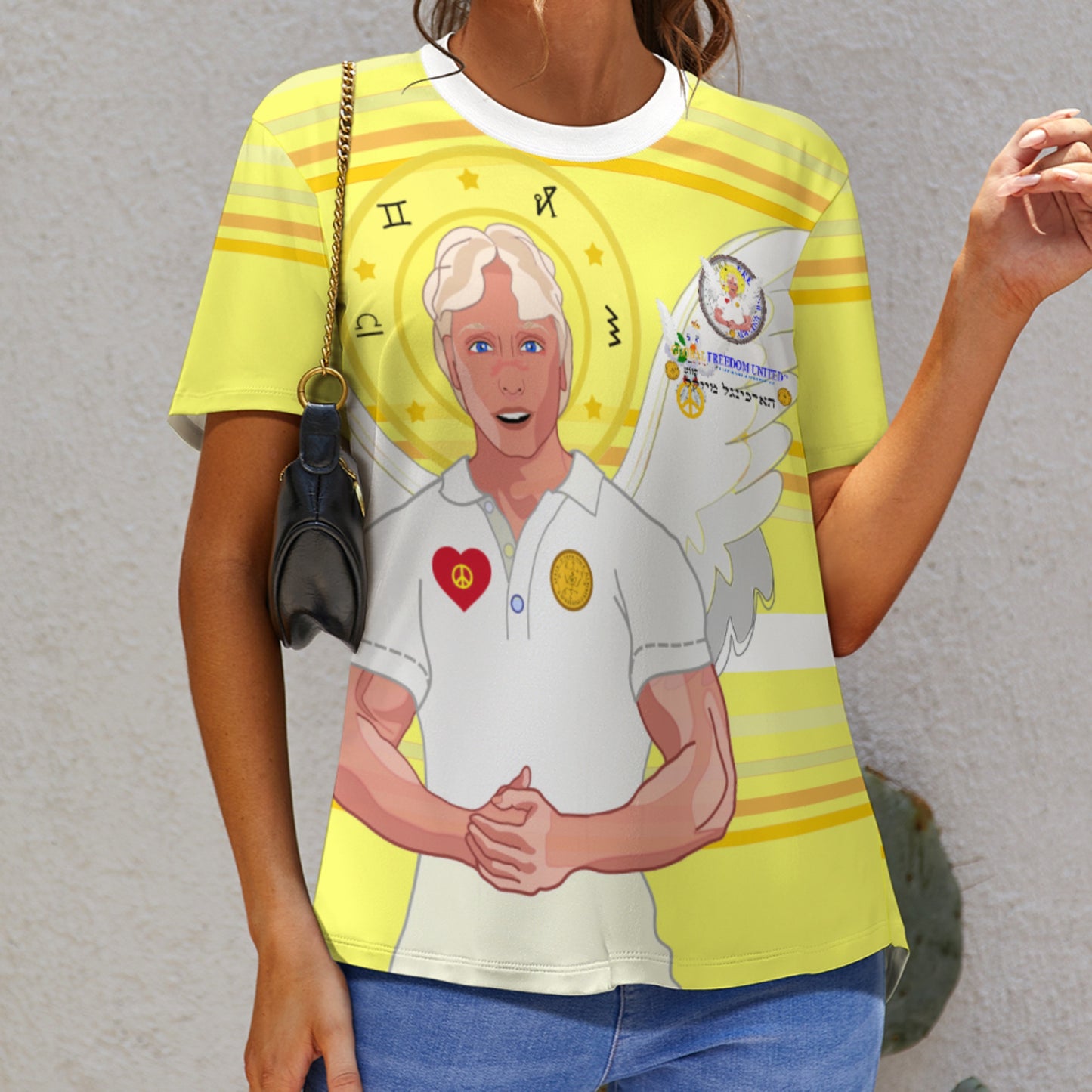 Women´s T-shirt 2 Global Freedom United Archangel Michael Hebrew Yellow